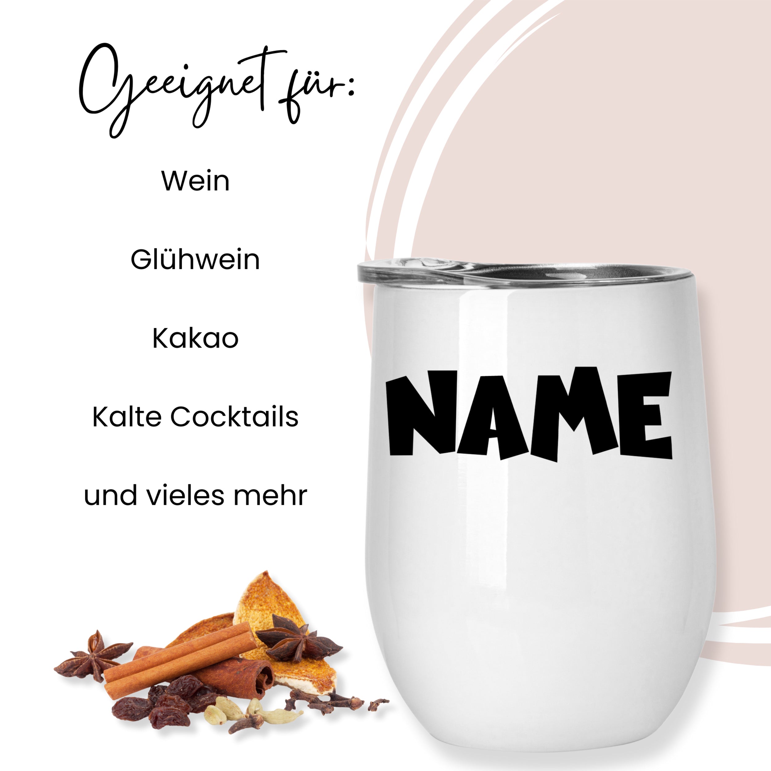 Weißer Trinkbecher mit schwarzem Schriftzug "NAME"