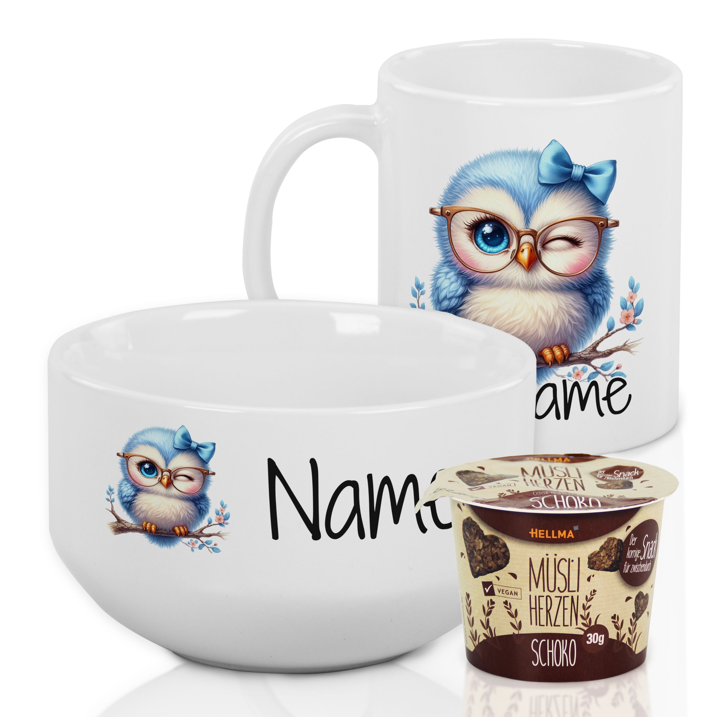 Tasse und Schüssel mit Eule, personalisiert, weiß.
