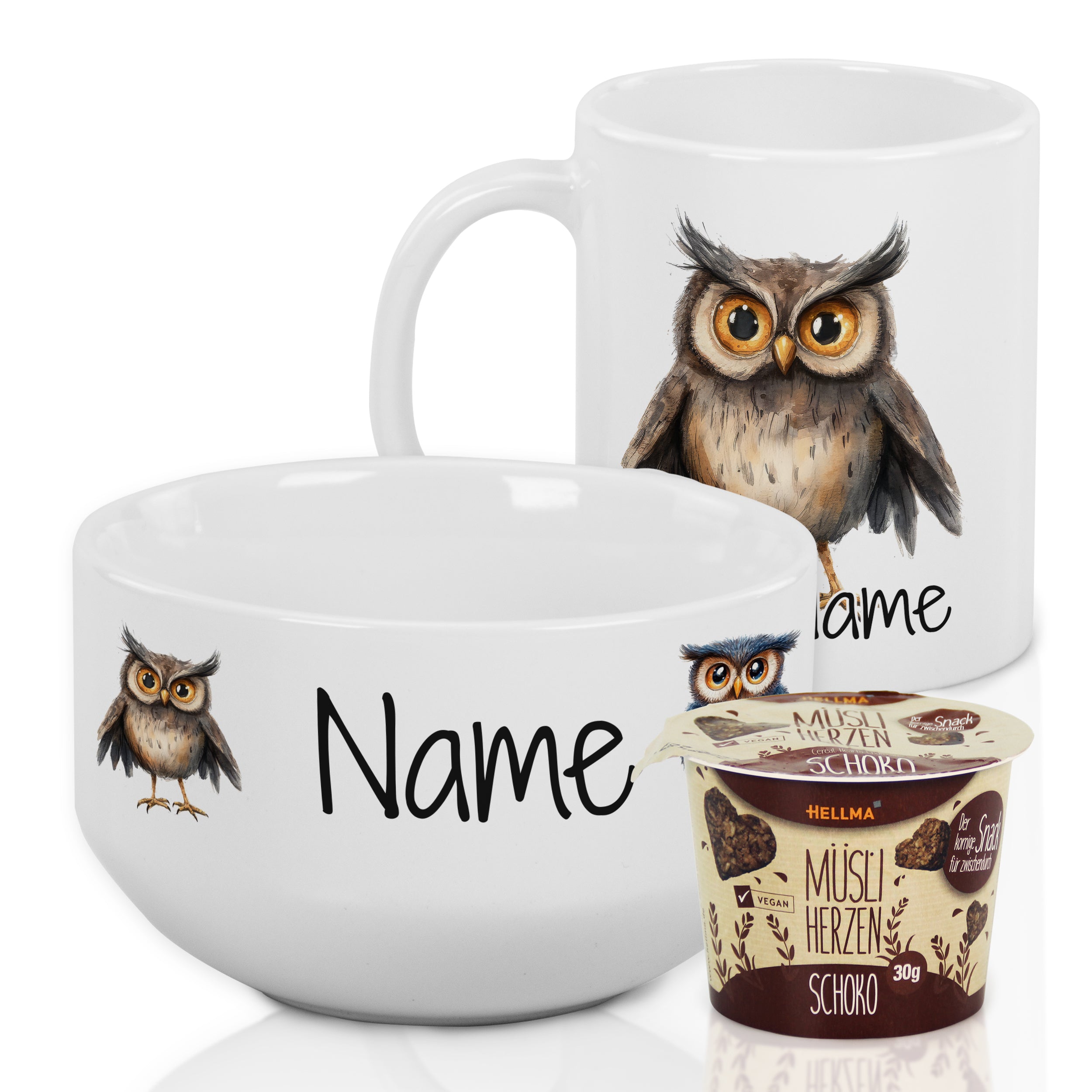 Tasse und Schüssel mit Eulen-Motiv, weiß, personalisiert.