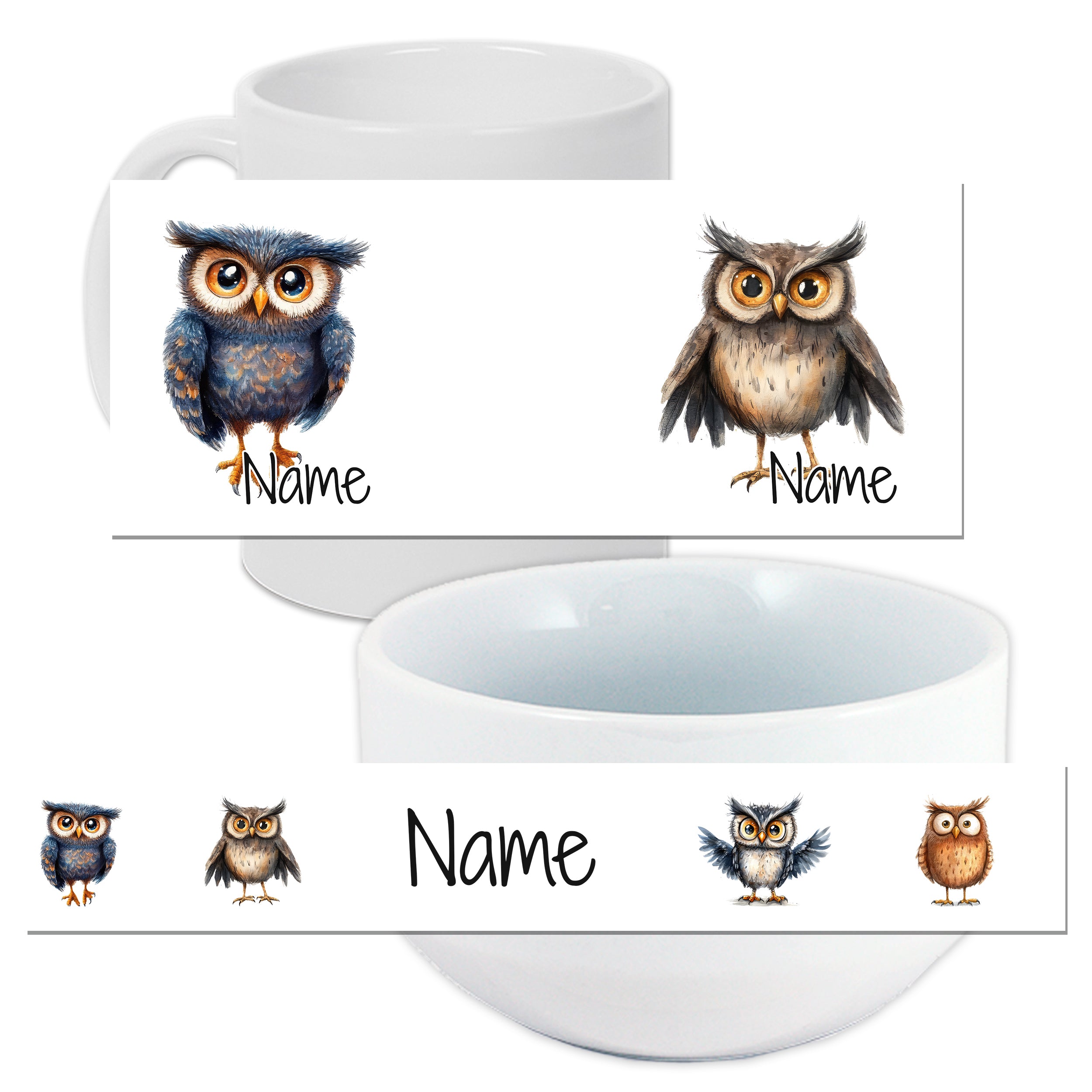 Tassen und Schalen mit bunten Eulen-Designs.