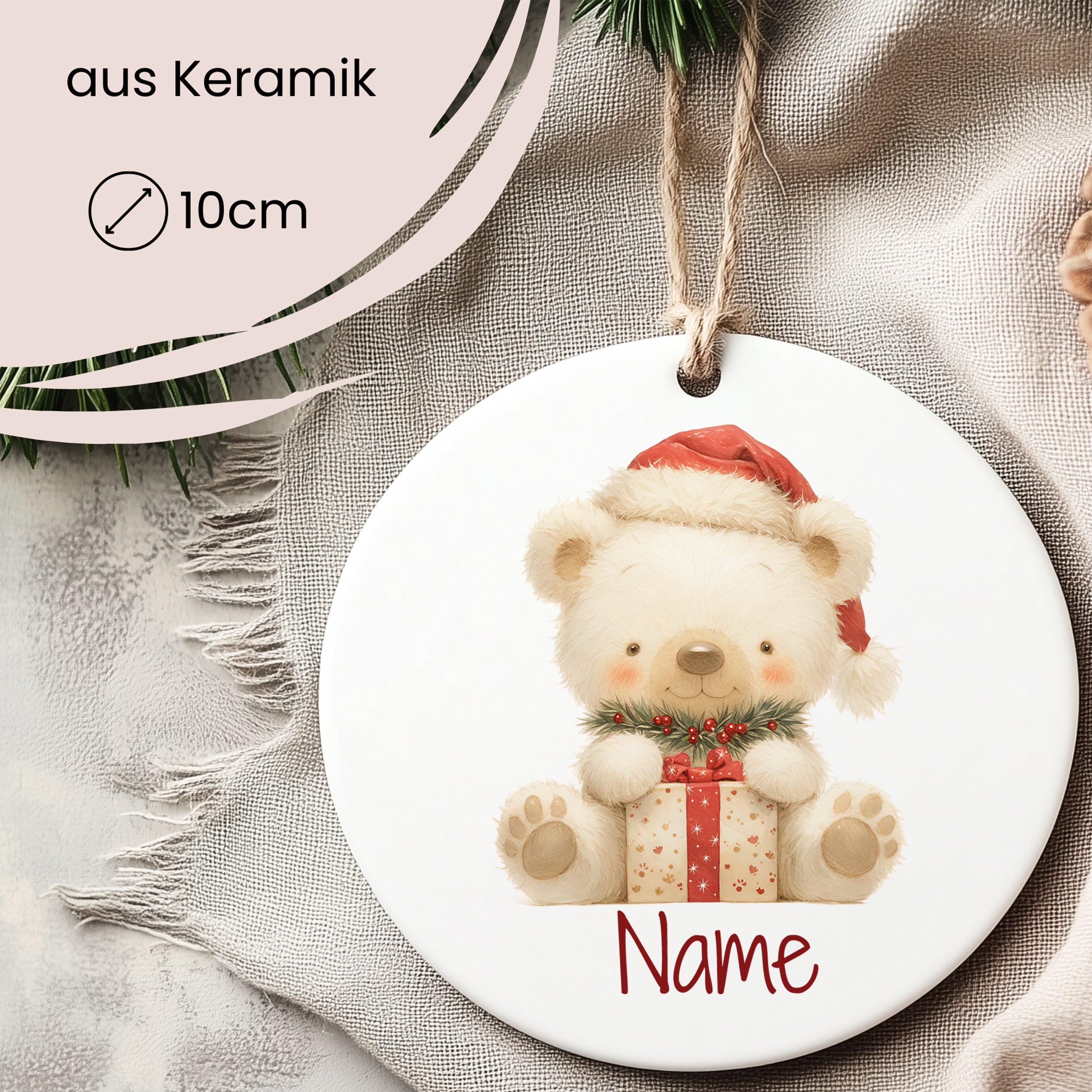 Keramikschild mit Bärenmotiv, 10 cm, personalisierbar.