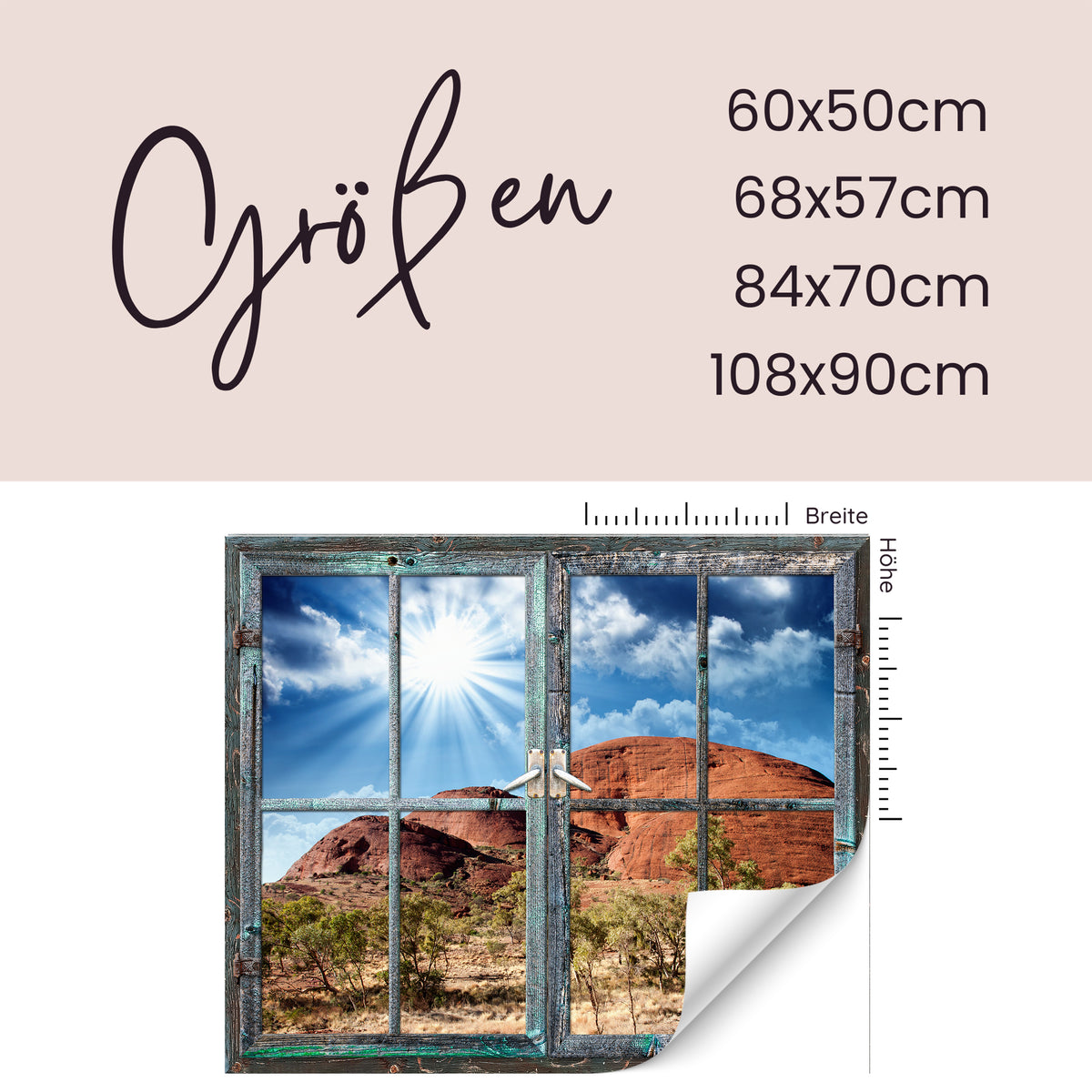 Fensterbild mit Landschaft, Größenangaben in cm.