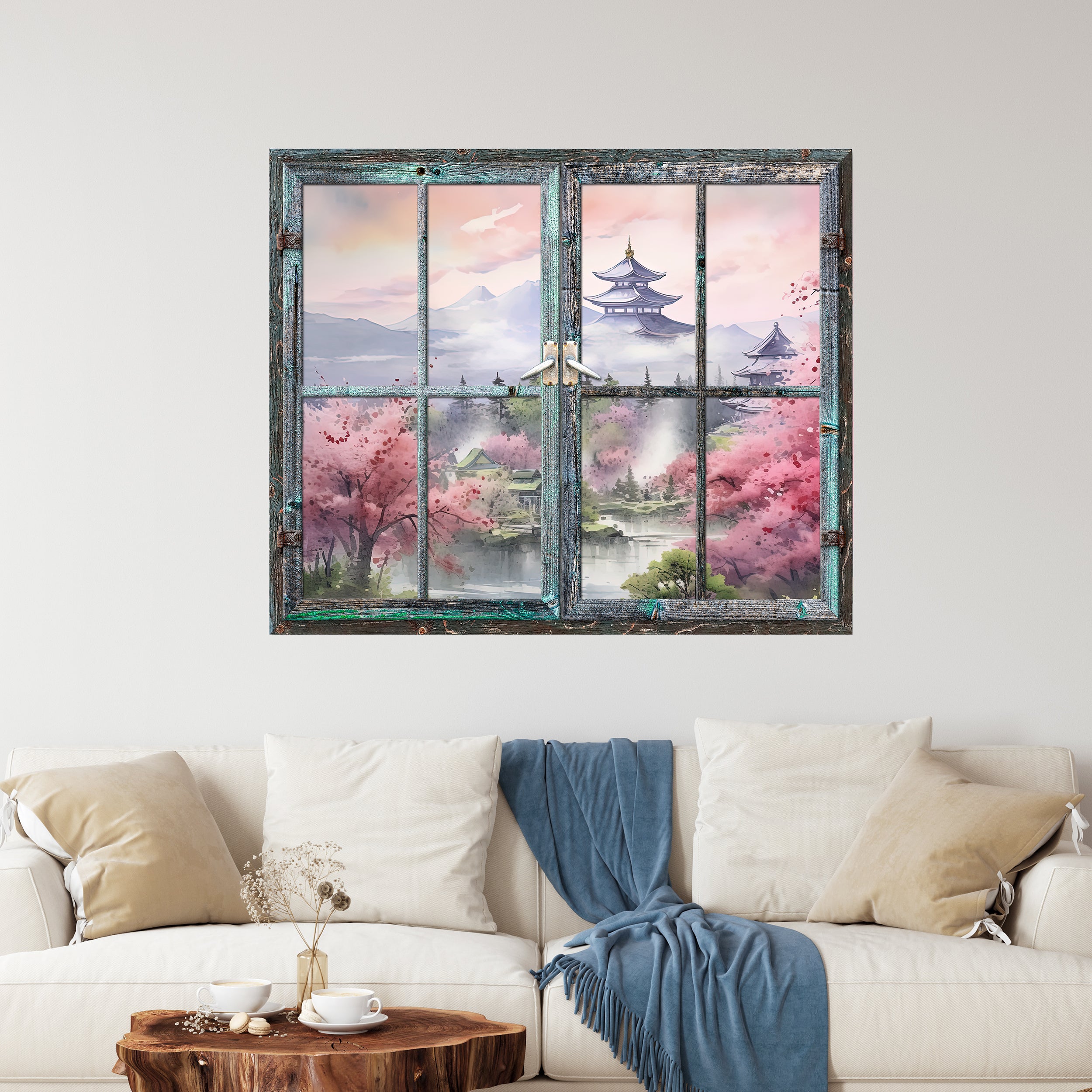 Asiatisches Fensterbild mit pinken Kirschblüten und Pagode.