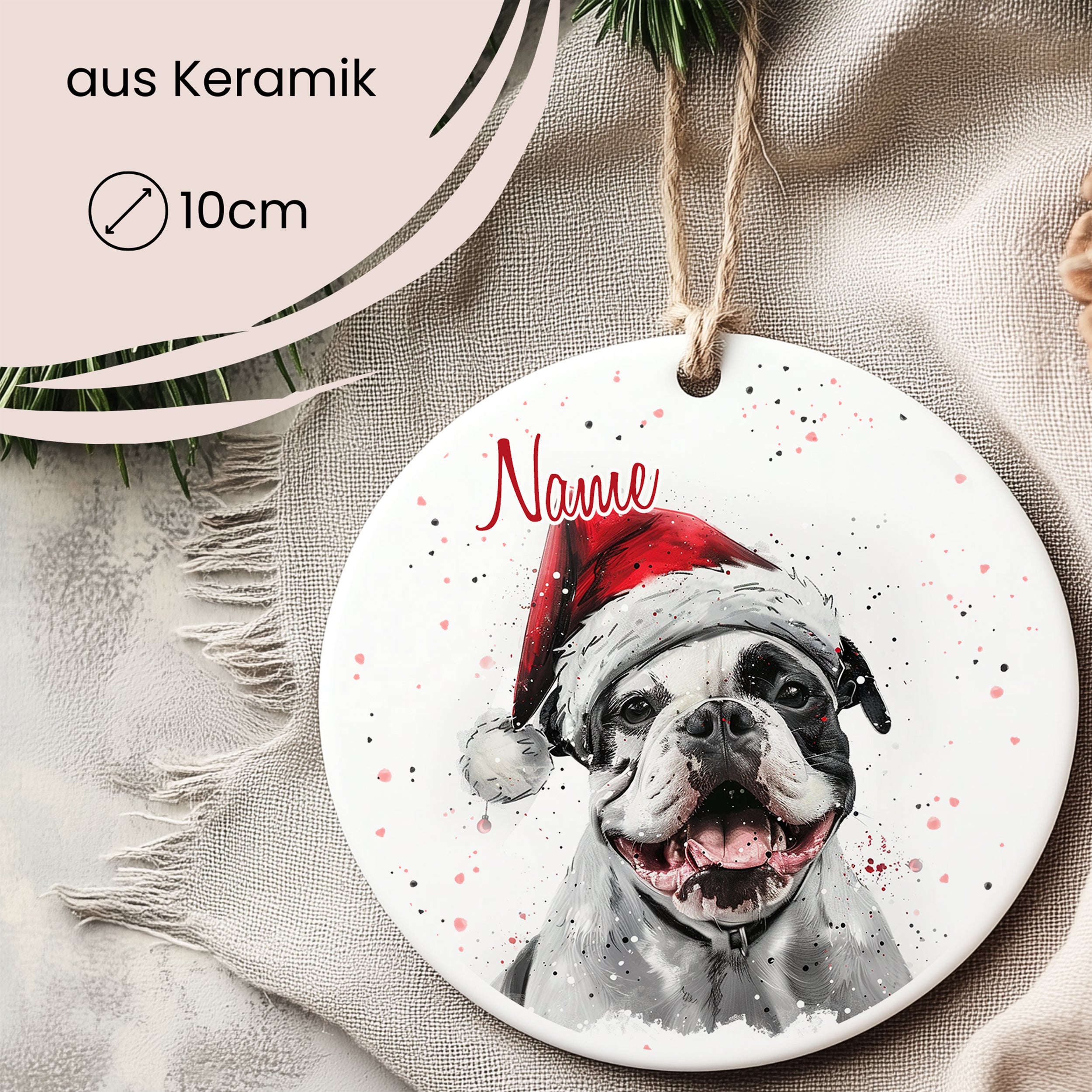 Keramikschild mit Hund im Weihnachtsmann-Hut, 10 cm.