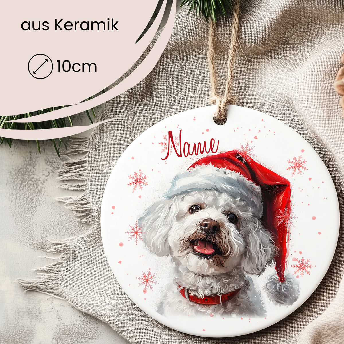 Keramik-Hundeschmuck mit rotem Weihnachtsmann-Hut, 10 cm.