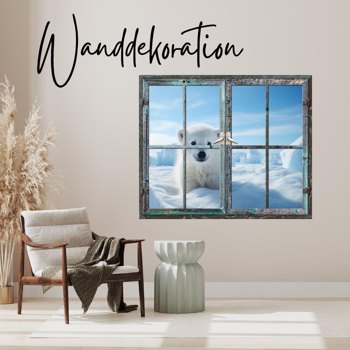 Fenster mit Eisbär, blaue Farben, rustikaler Rahmen.