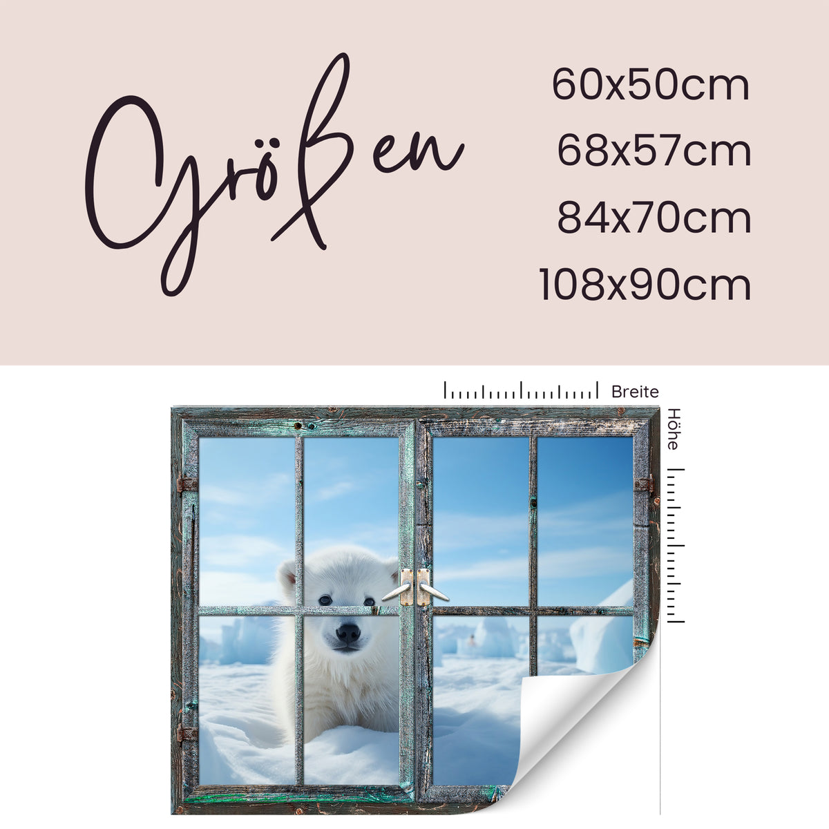 Fenster mit Eisbär, blau-weiße Farben, verschiedene Größen.