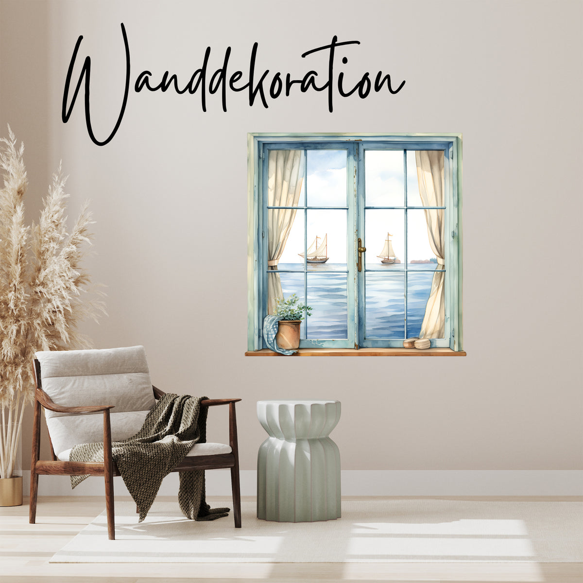 Wandtattoo mit Fensterblick auf Segelboote an blauer Wand