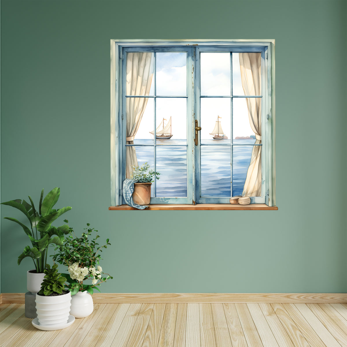 Wandtattoo mit Fensterblick auf Segelboote im Wohnraum