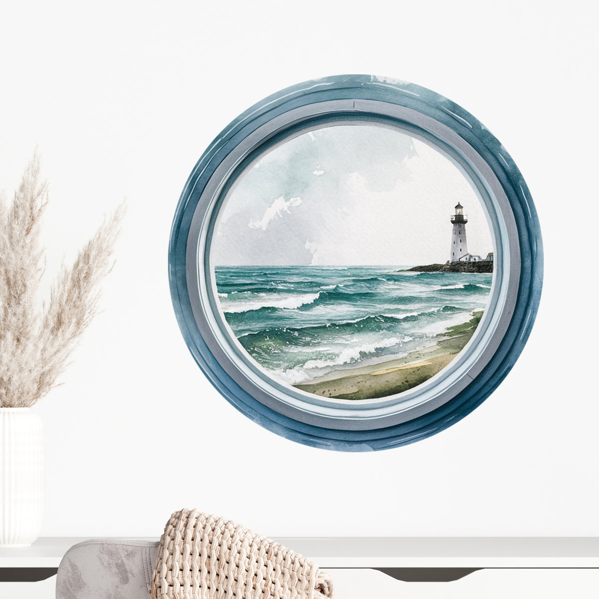 Wandtattoo mit rundem Fensterblick auf Leuchtturm und Meer als Motivansicht