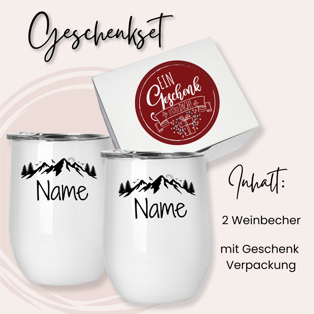 Geschenkset mit zwei weißen Weinbechern und Bergmotiv