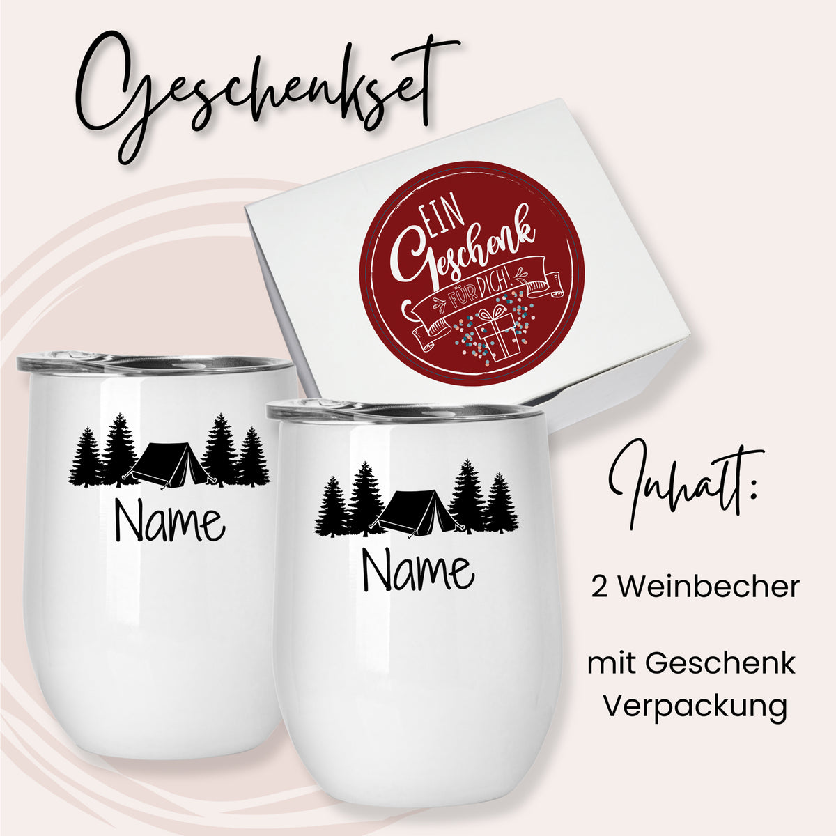Geschenkset mit zwei weißen Weinbechern und Verpackung