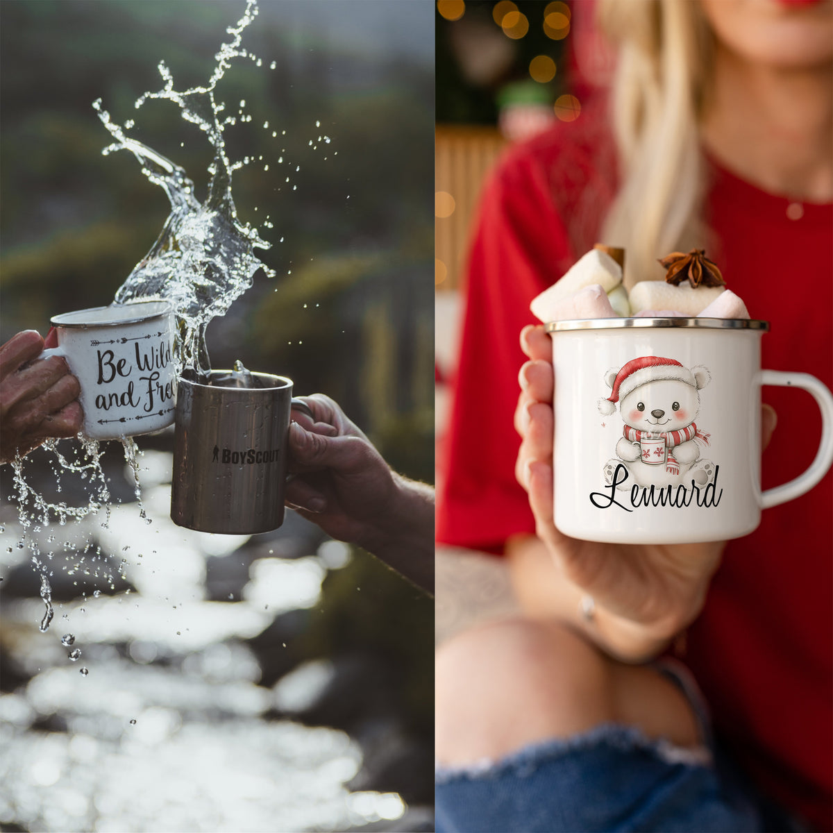 Tasse mit Bär-Design, weiß, gefüllt mit Marshmallows.