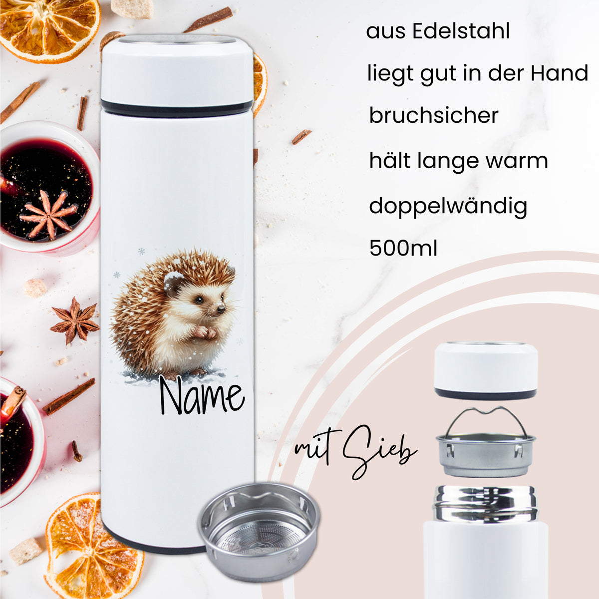 Edelstahl-Wasserflasche mit Igel-Motiv, 500ml, bruchsicher.