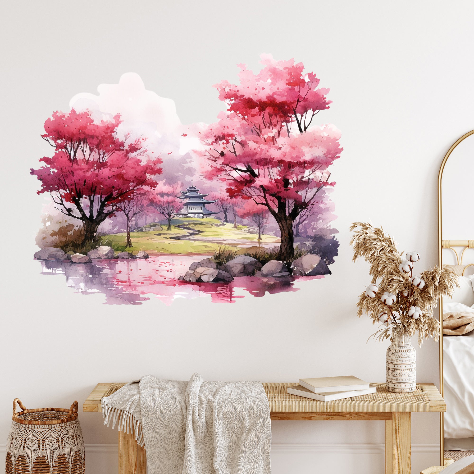 Wandtattoo mit rosa Kirschblüten und Teichlandschaft im Wohnraum