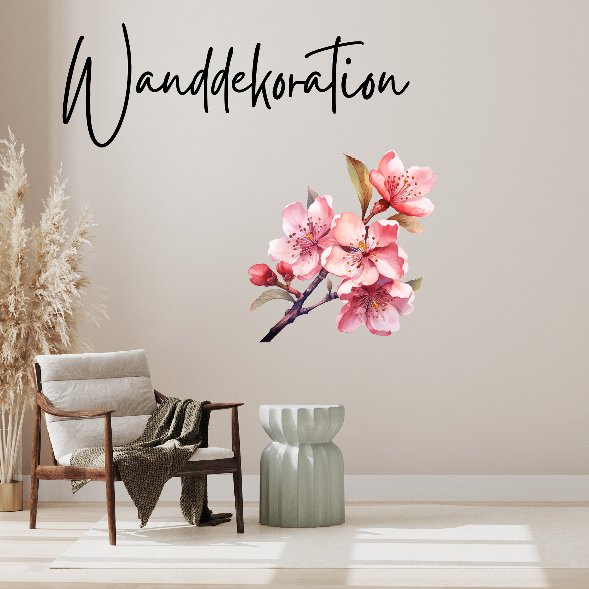 Wandtattoo mit rosa Kirschblüten vor Wanddekor-Schriftzug