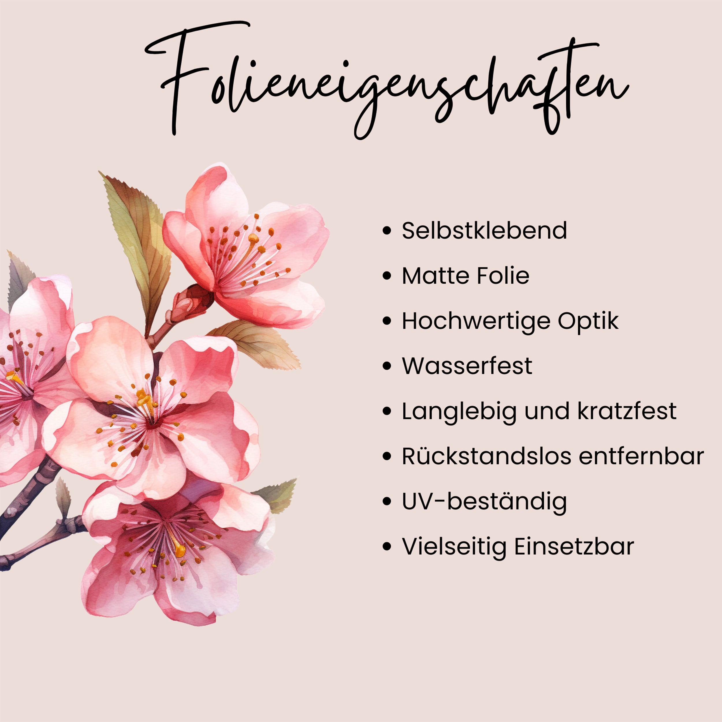 Infografik zum Wandtattoo mit Kirschblüten und aufgelisteten Folieneigenschaften