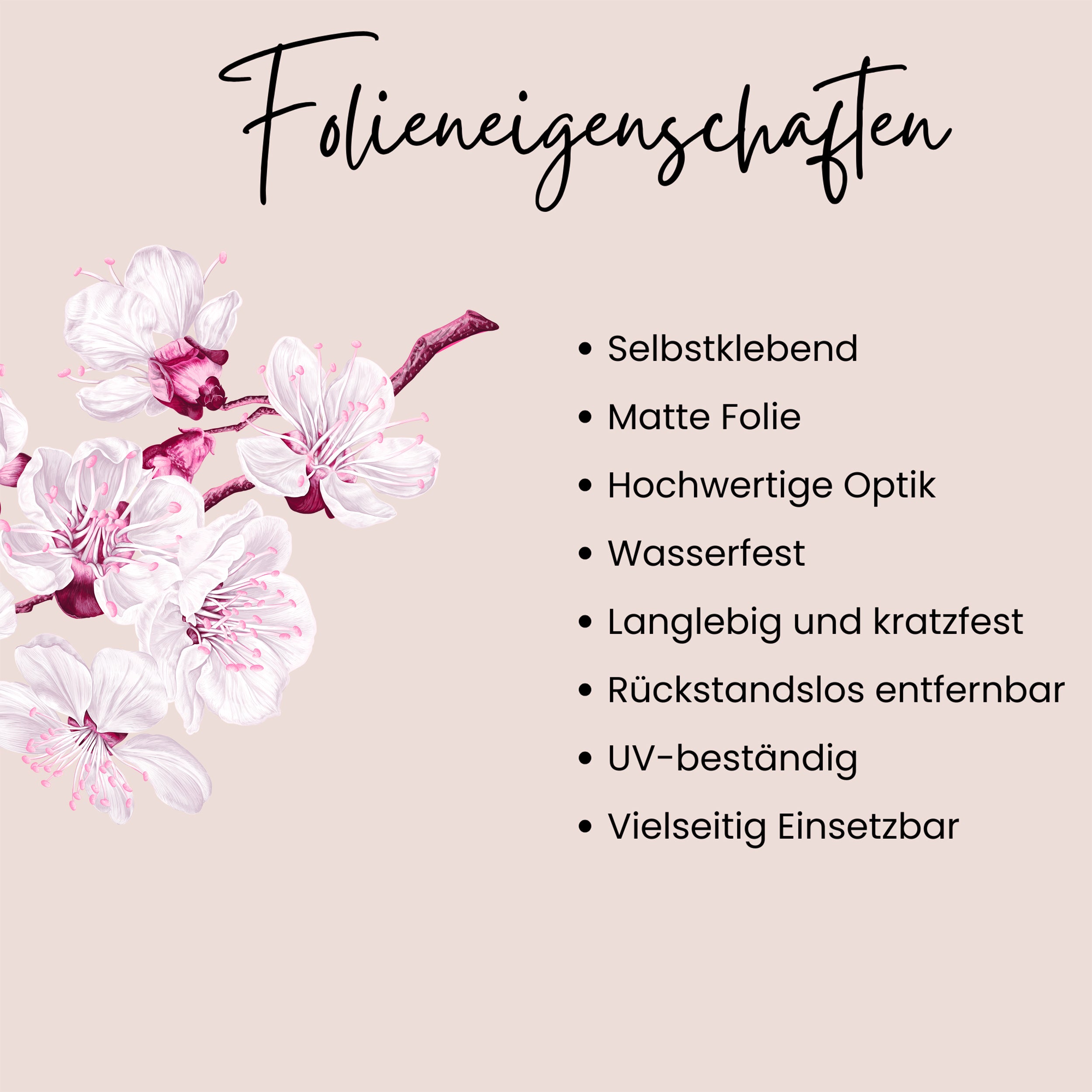 Infografik zum Wandtattoo mit Kirschblüten und aufgelisteten Folieneigenschaften