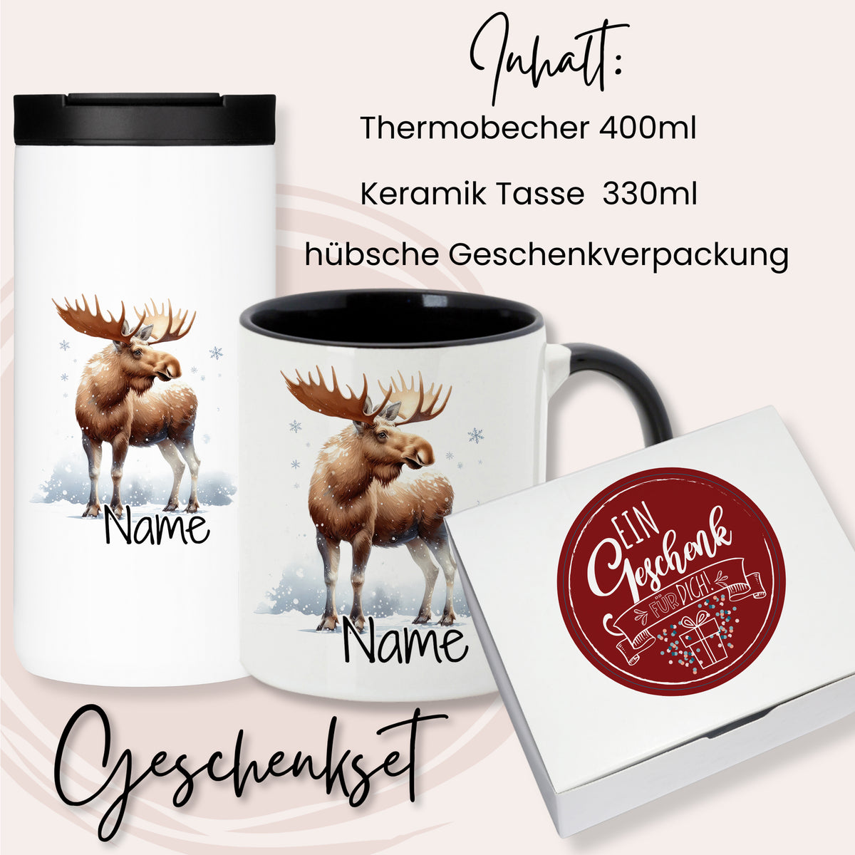 Geschenkset mit Thermobecher und Keramiktasse, Elchdesign.