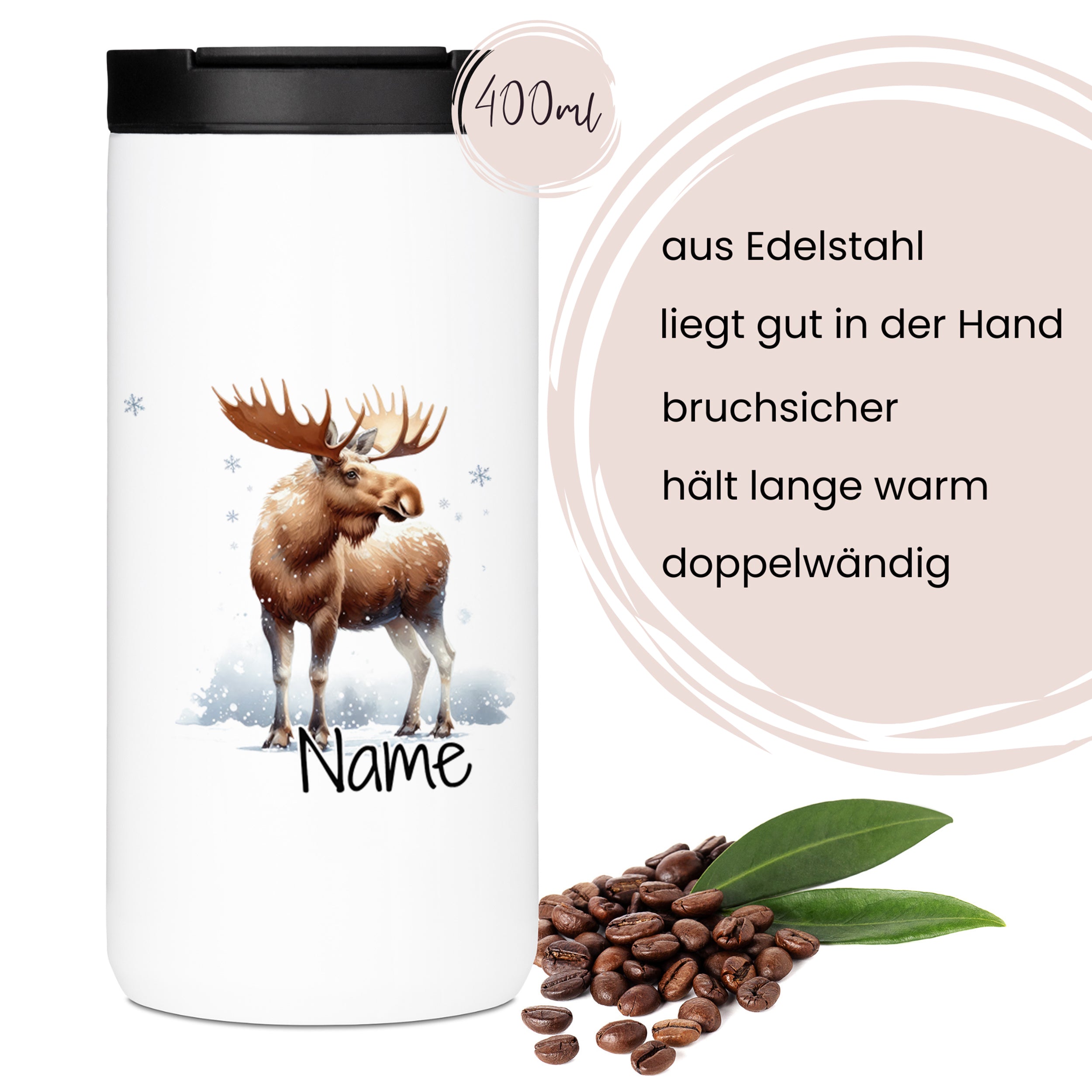Edelstahl-Thermobecher mit Elch-Motiv, 400 ml, bruchsicher.