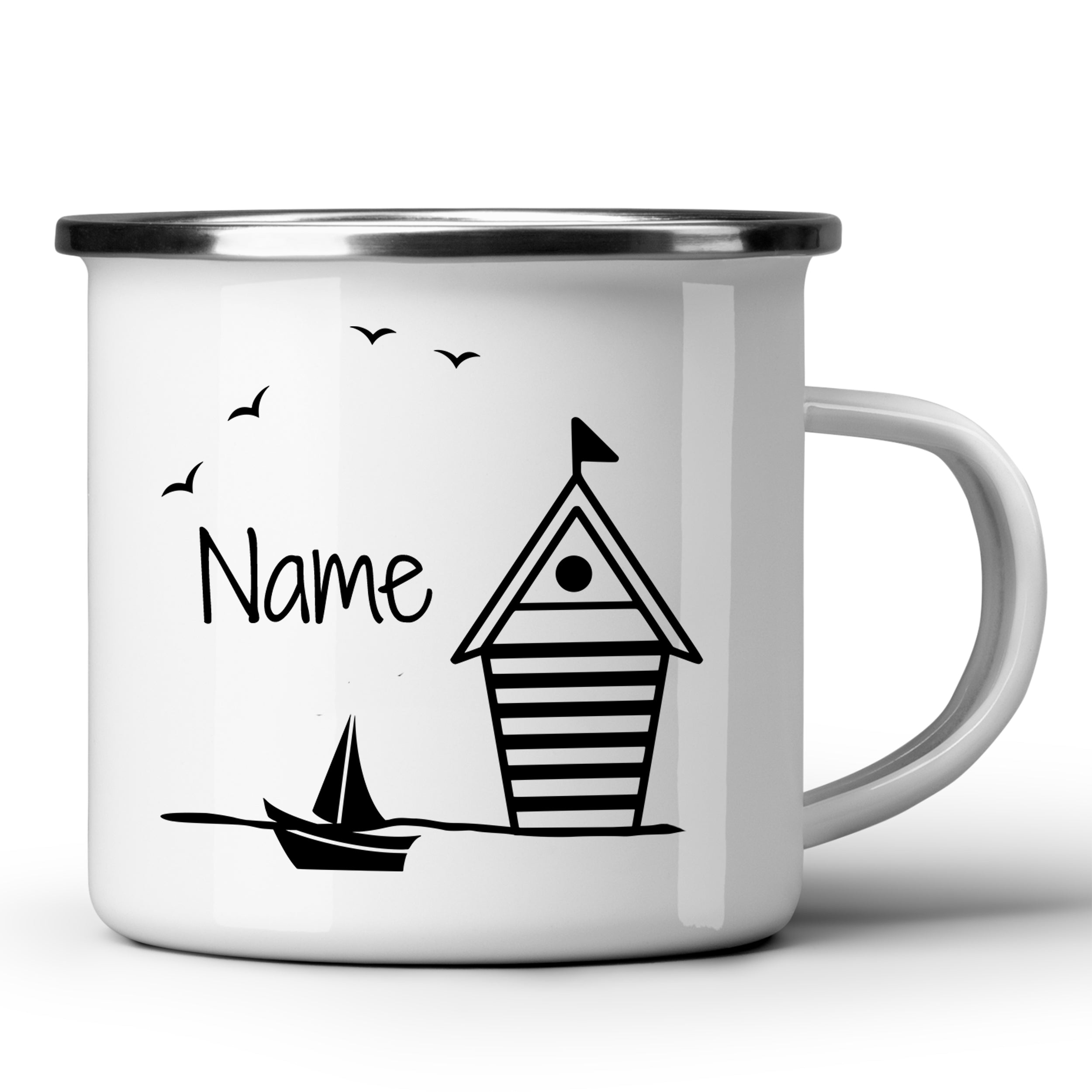 Weißer Emaillebecher mit maritimem Design und personalisierbarem Namen.