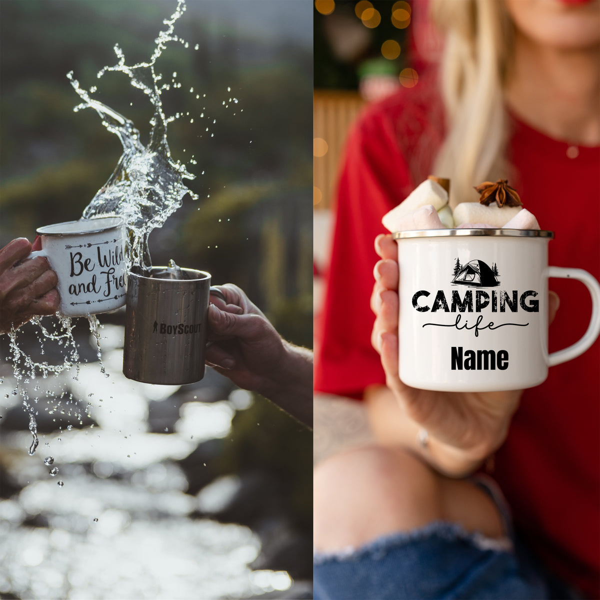Tassen in Silber und Weiß mit Camping-Motiven und personalisiertem Namen.