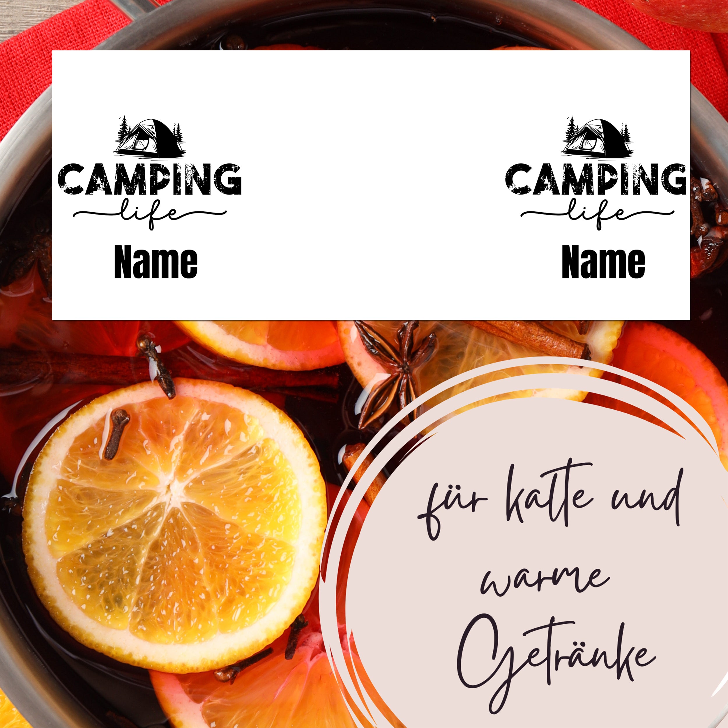 Camping Life Etiketten für kalte und warme Getränke, orange.