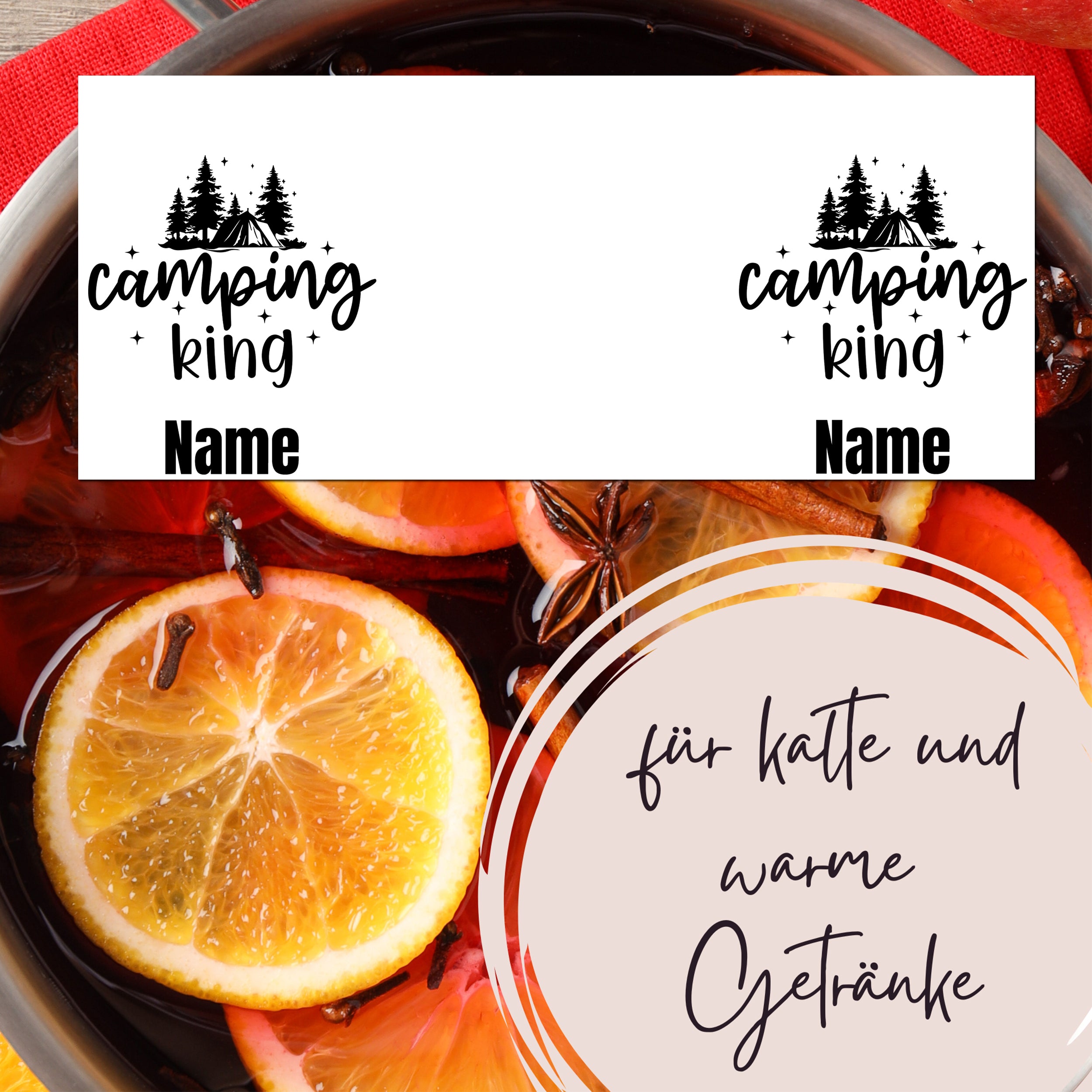 Camping King Etiketten für kalte und warme Getränke, orangefarben.