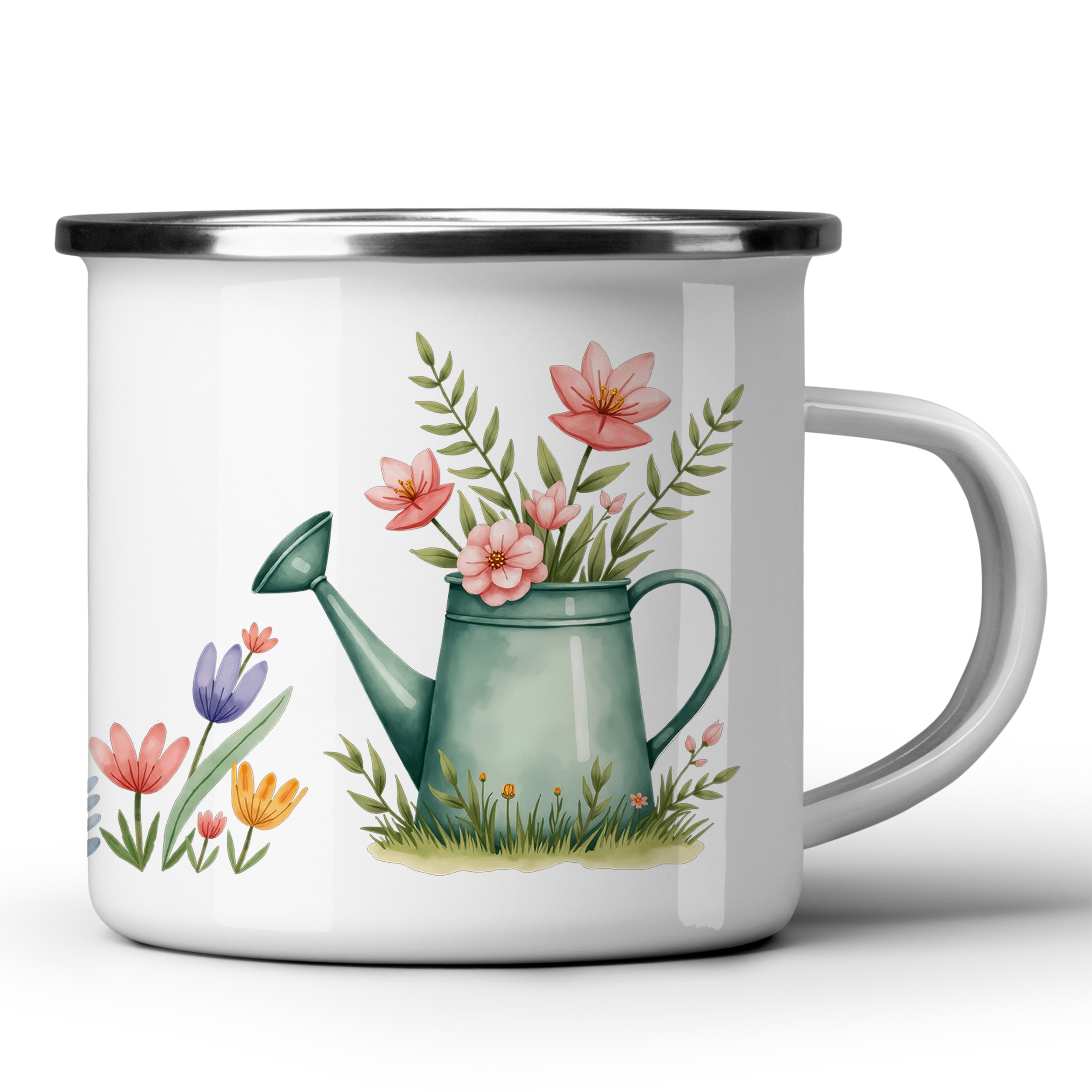 Grüne Gießkanne mit bunten Blumenmotiven.