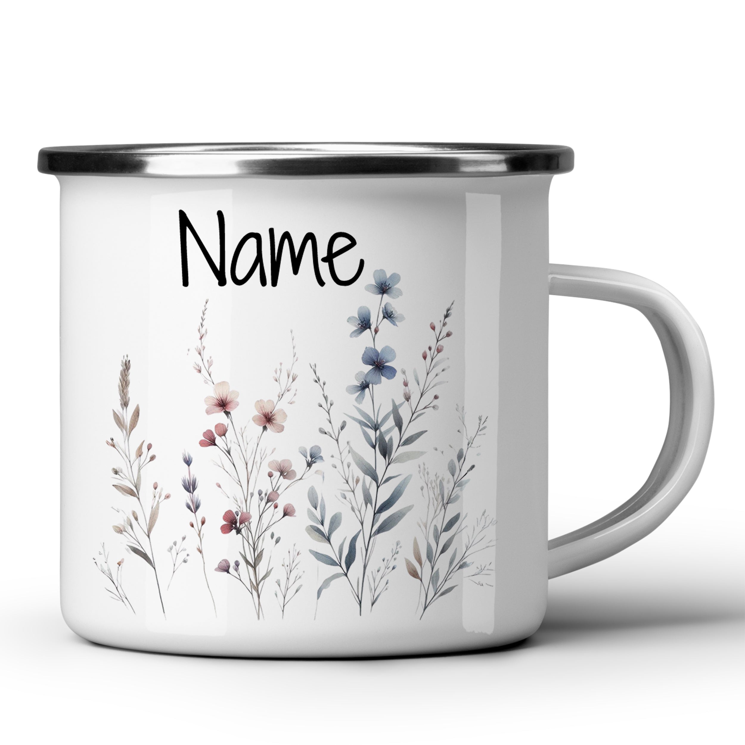 Weißer Emaillebecher mit bunten Blumen und personalisiertem Namen.