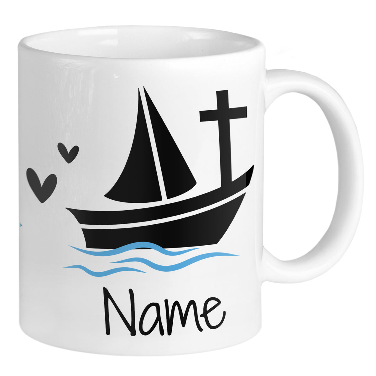 Schwarze Tasse mit Segelboot, Wellen und Herzen.