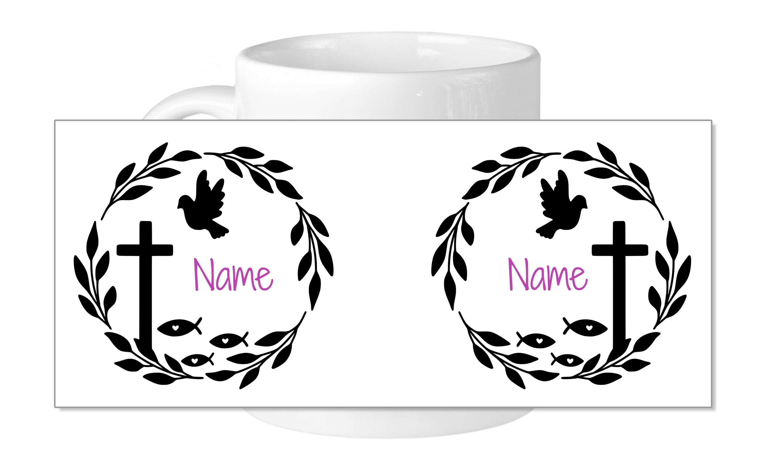 Tasse mit schwarzem Kreuz, Taube und personalisierbarem Namen.