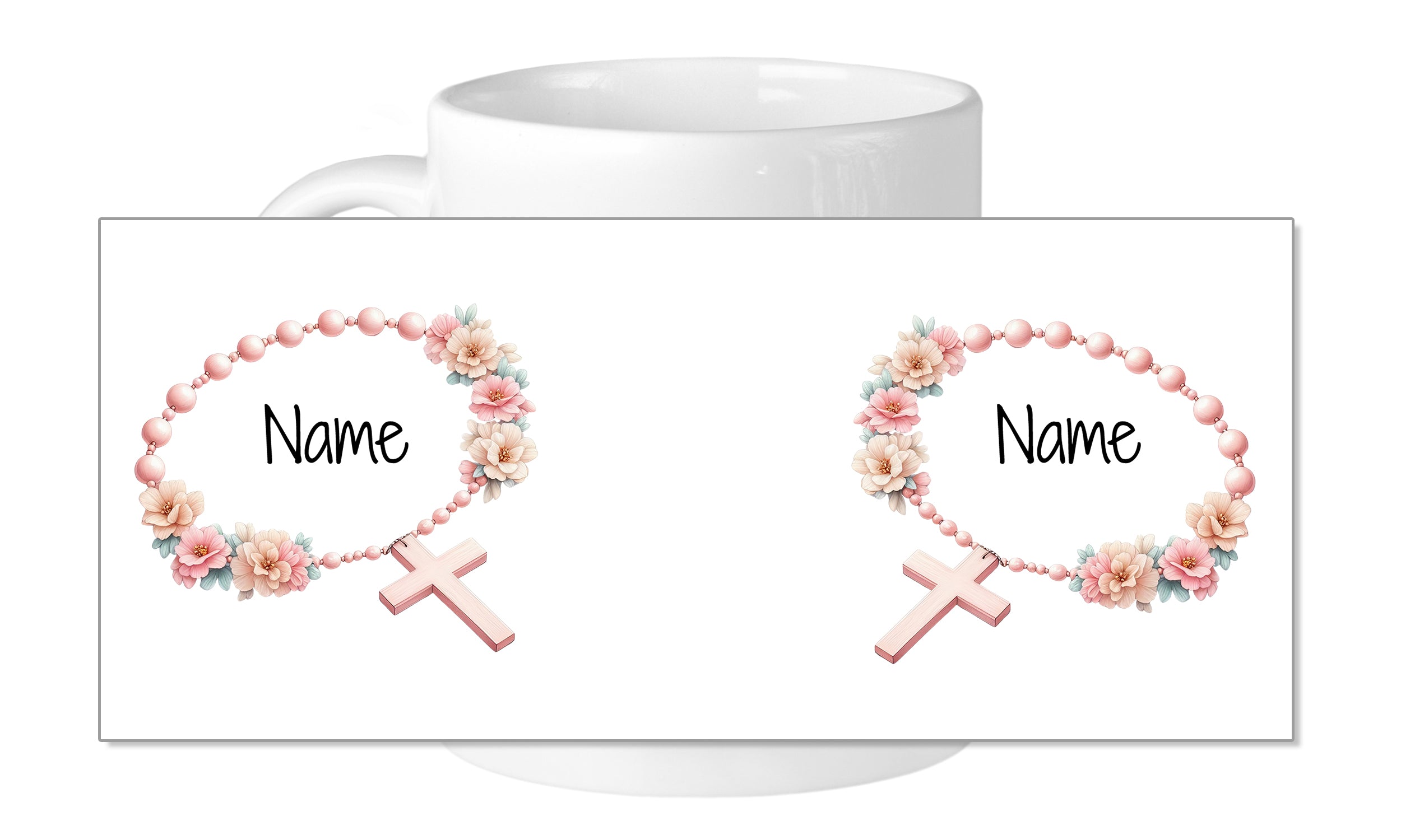 Weiße Tasse mit rosa Perlenkranz und Kreuzen.