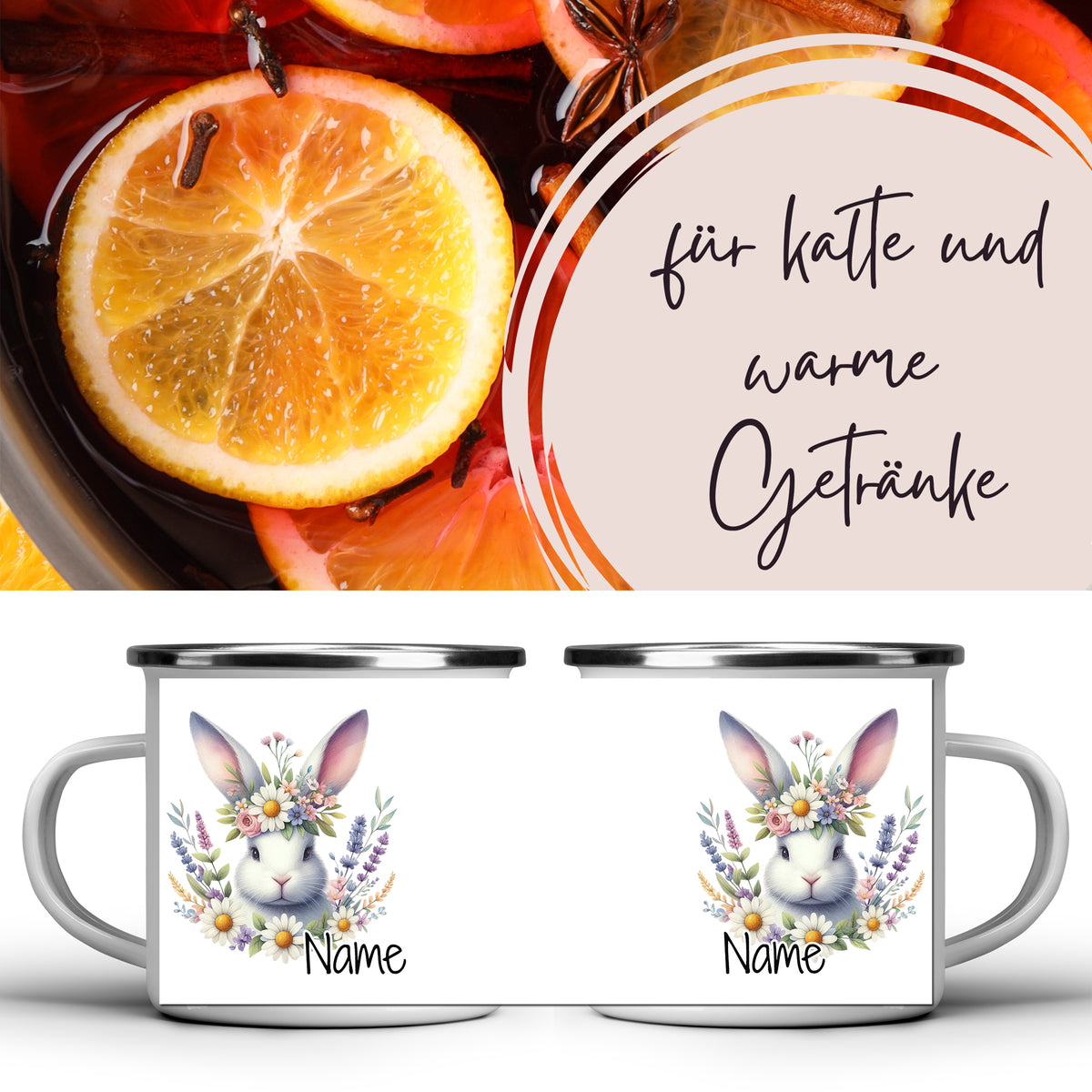 Tassen mit Hasenmotiv und floralem Design, weiß und bunt.