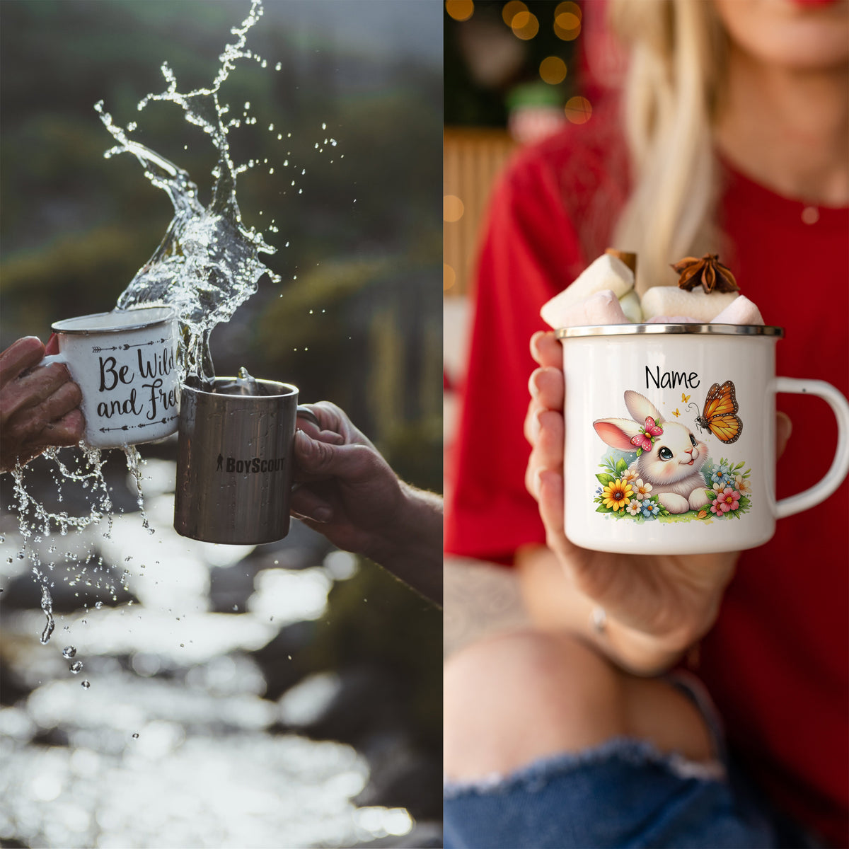 Tassen mit Sprüchen und bunten Tiermotiven.