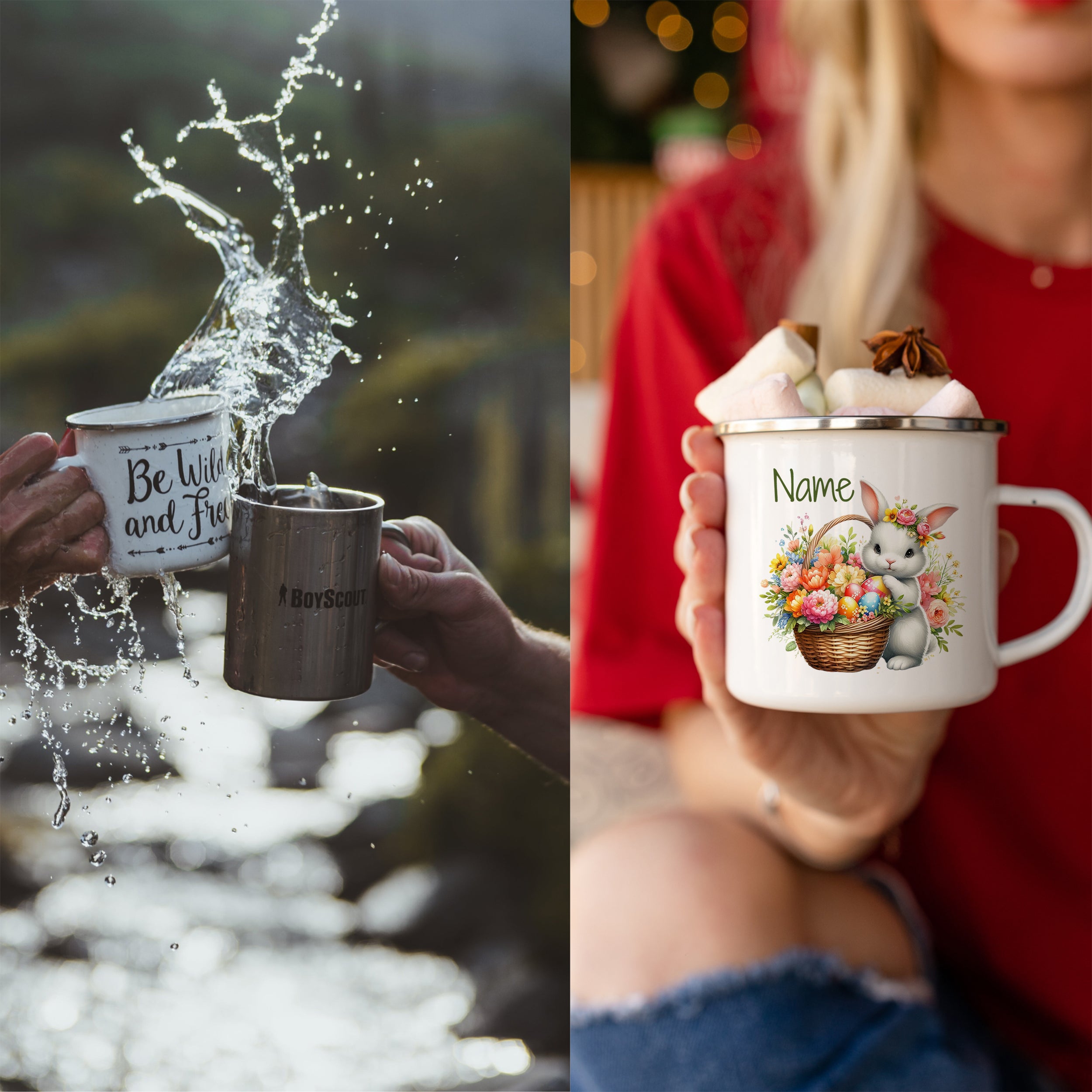 Tasse mit buntem Blumenmotiv und personalisierbarem Namen.