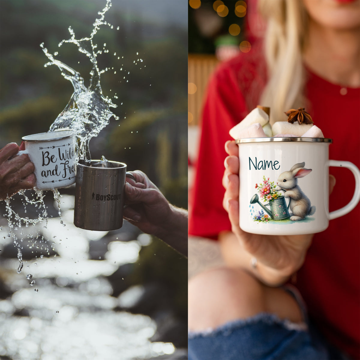 Tasse mit Hase und Blumen, personalisierbar, weiß.