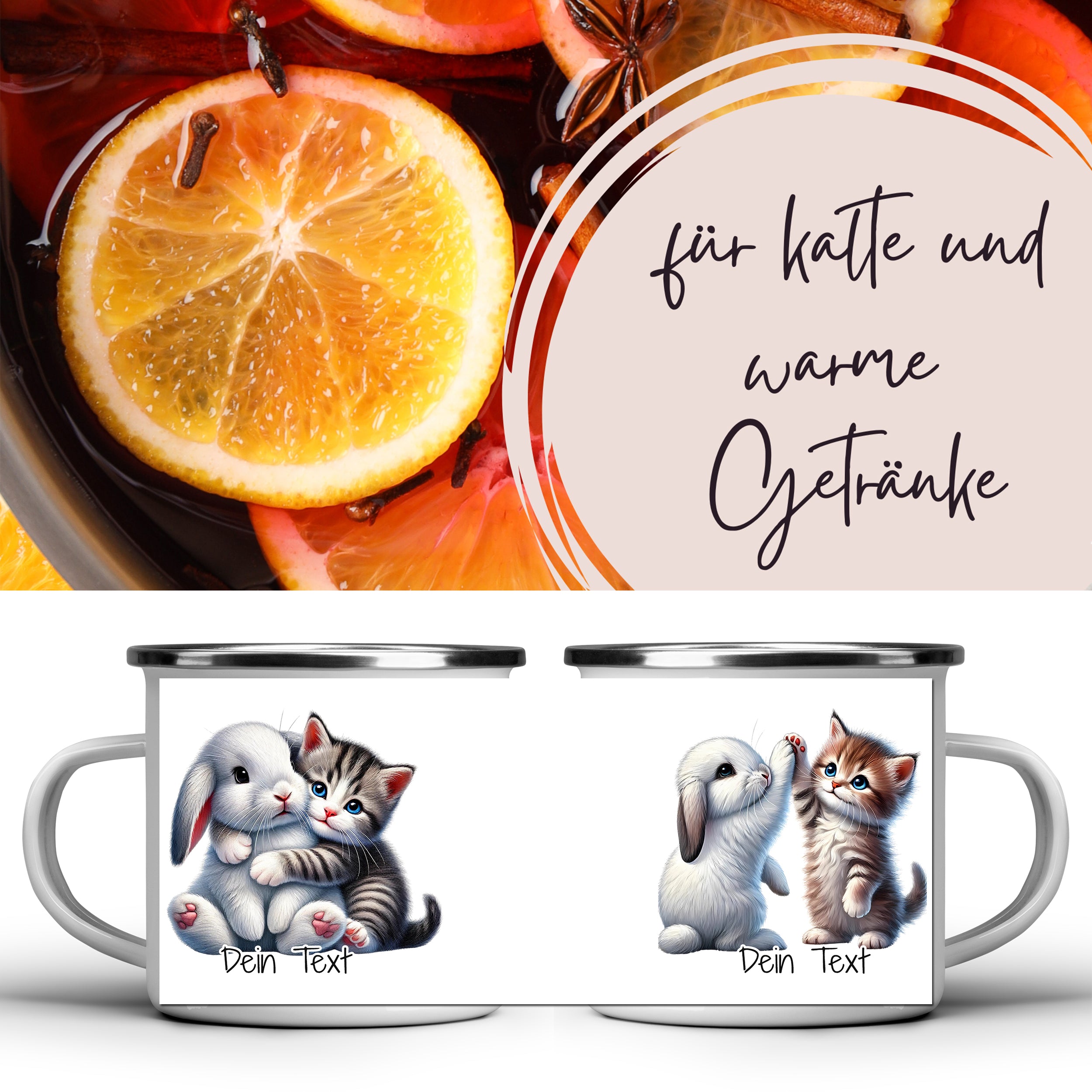 Tasse mit Katzen- und Hasenmotiven, weiß mit bunten Details.