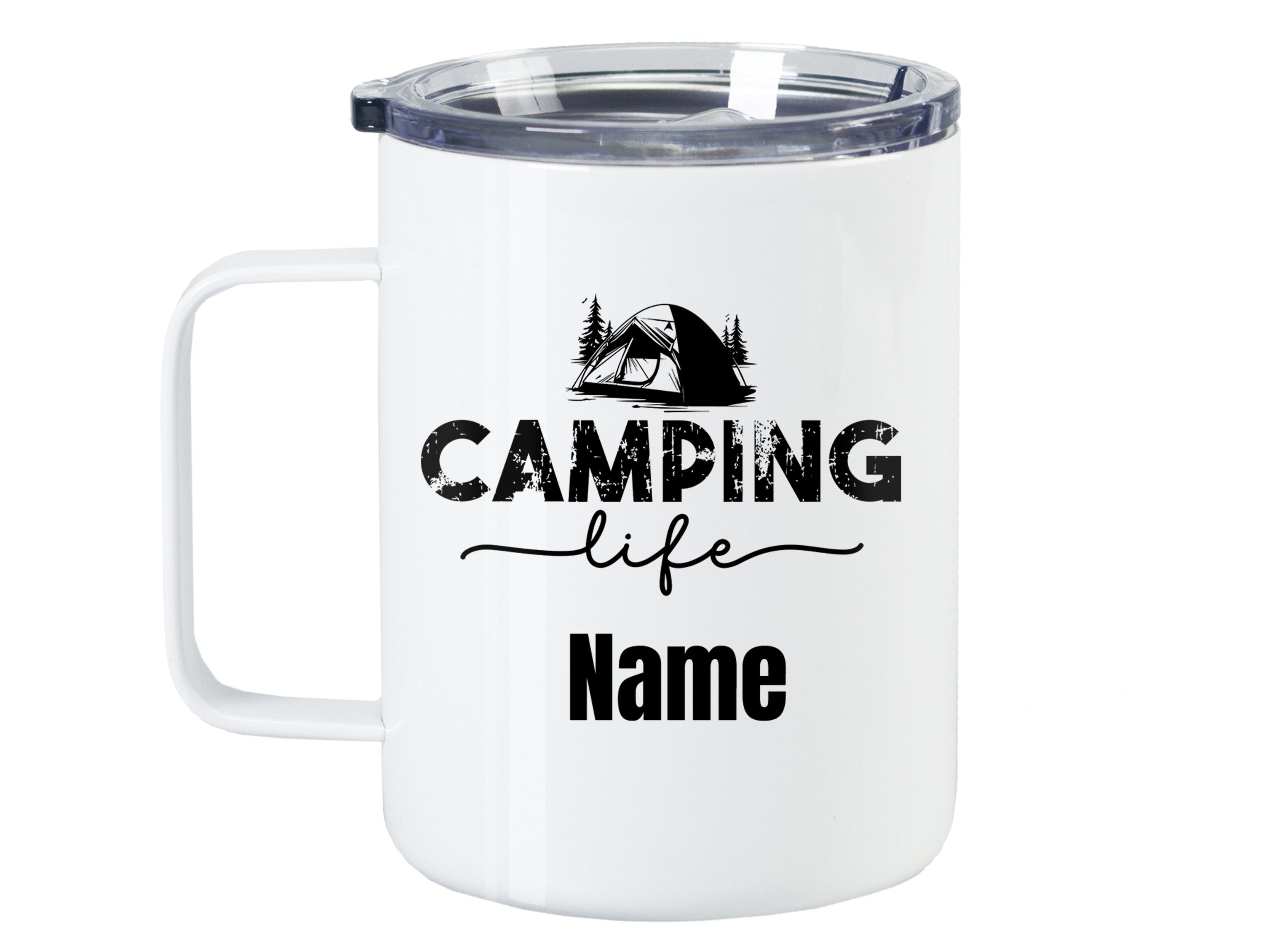 Weißer Campingbecher mit Aufdruck "CAMPING life" und personalisierbarem Namen.