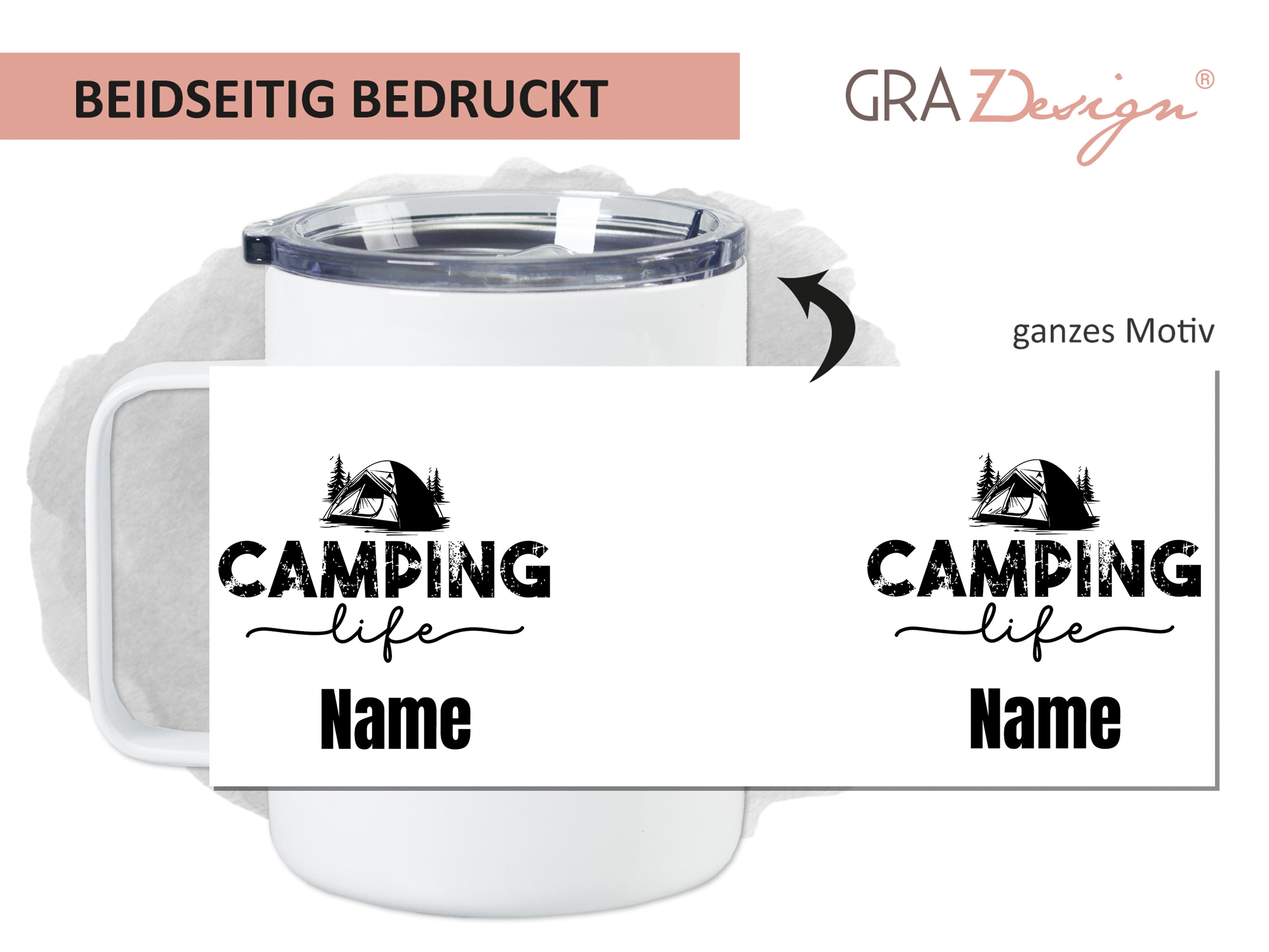 Weißer Becher mit schwarzem Camping-Motiv und personalisierbarem Namen.