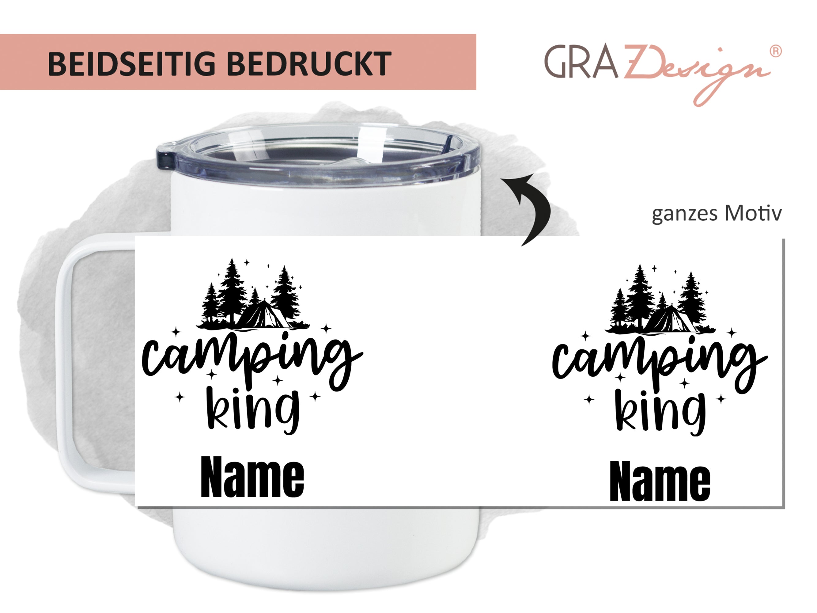 Becher mit Camping King Motiv, beidseitig bedruckt.