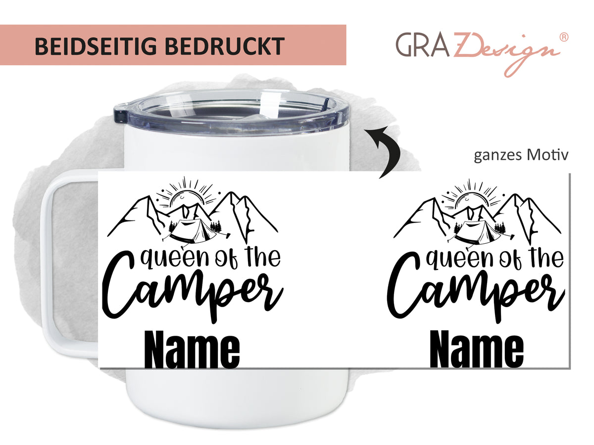 Beidseitig bedruckter Becher mit Camper-Motiv und personalisierbarem Namen.