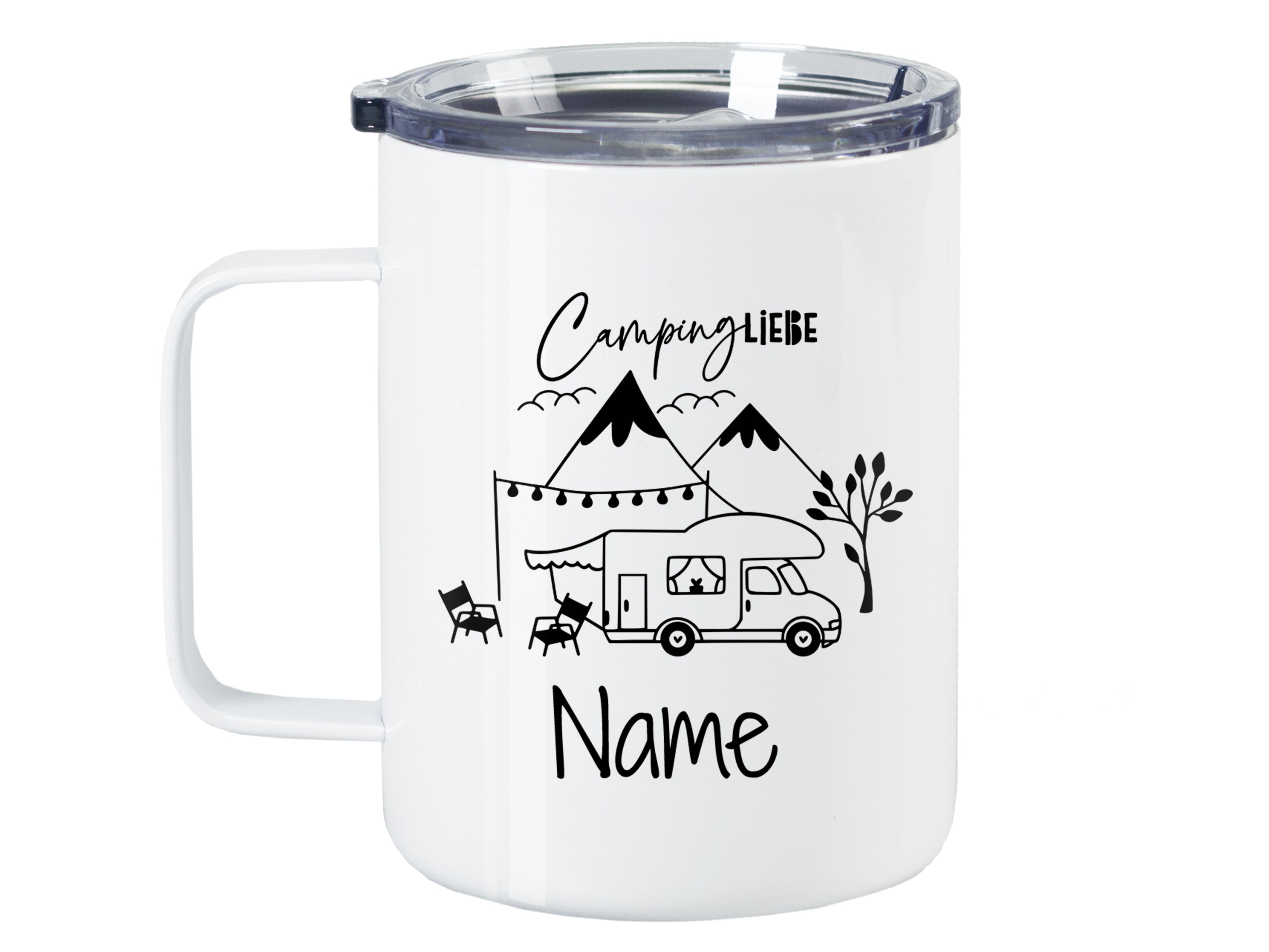 Weißer Campingbecher mit schwarzem Druck und personalisierbarem Namen.