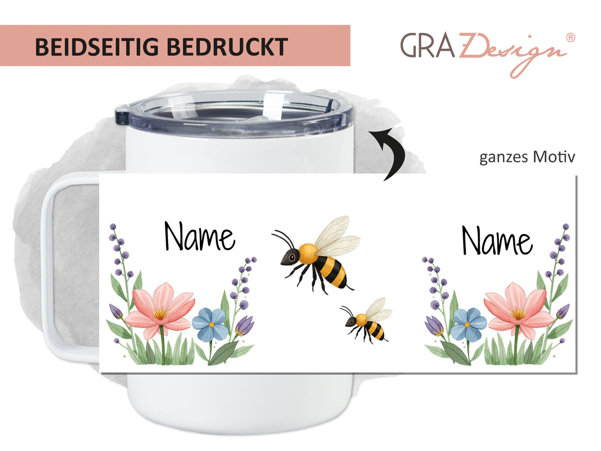 Becher mit bunten Blumen und Bienen, beidseitig bedruckt.