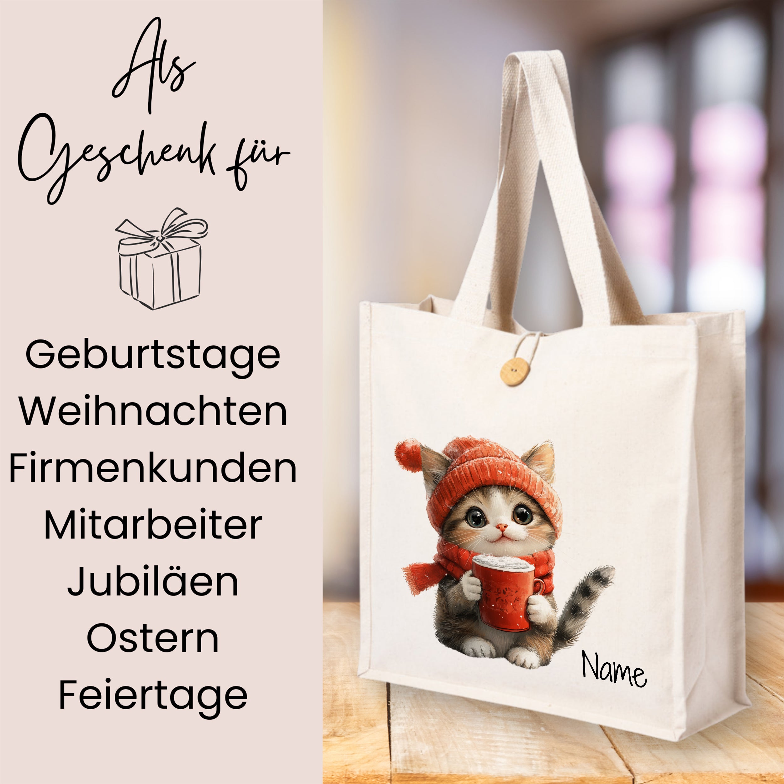 Beige Tragetasche mit niedlicher Katze und rotem Becher.