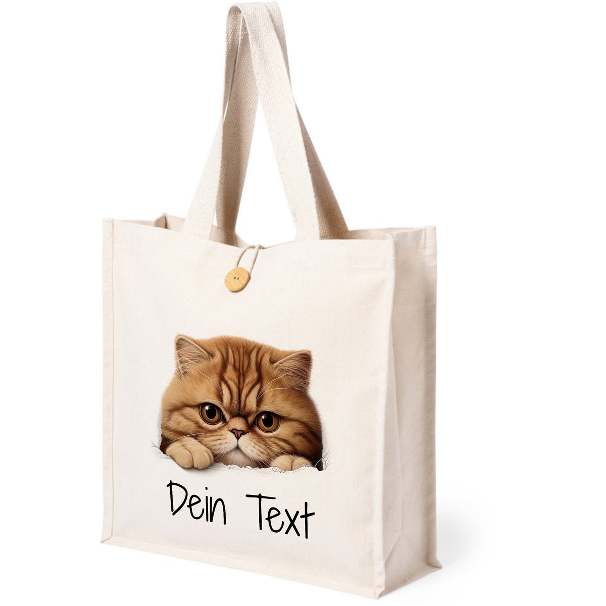 Beige Stofftasche mit Katzenmotiv und personalisierbarem Text.