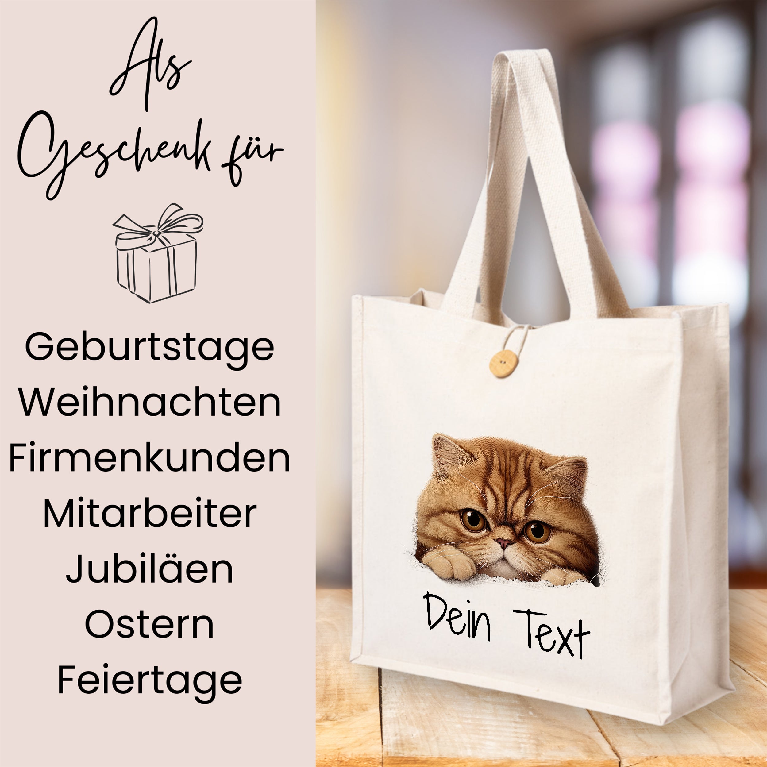 Beige Stofftasche mit Katzenmotiv und personalisierbarem Text.