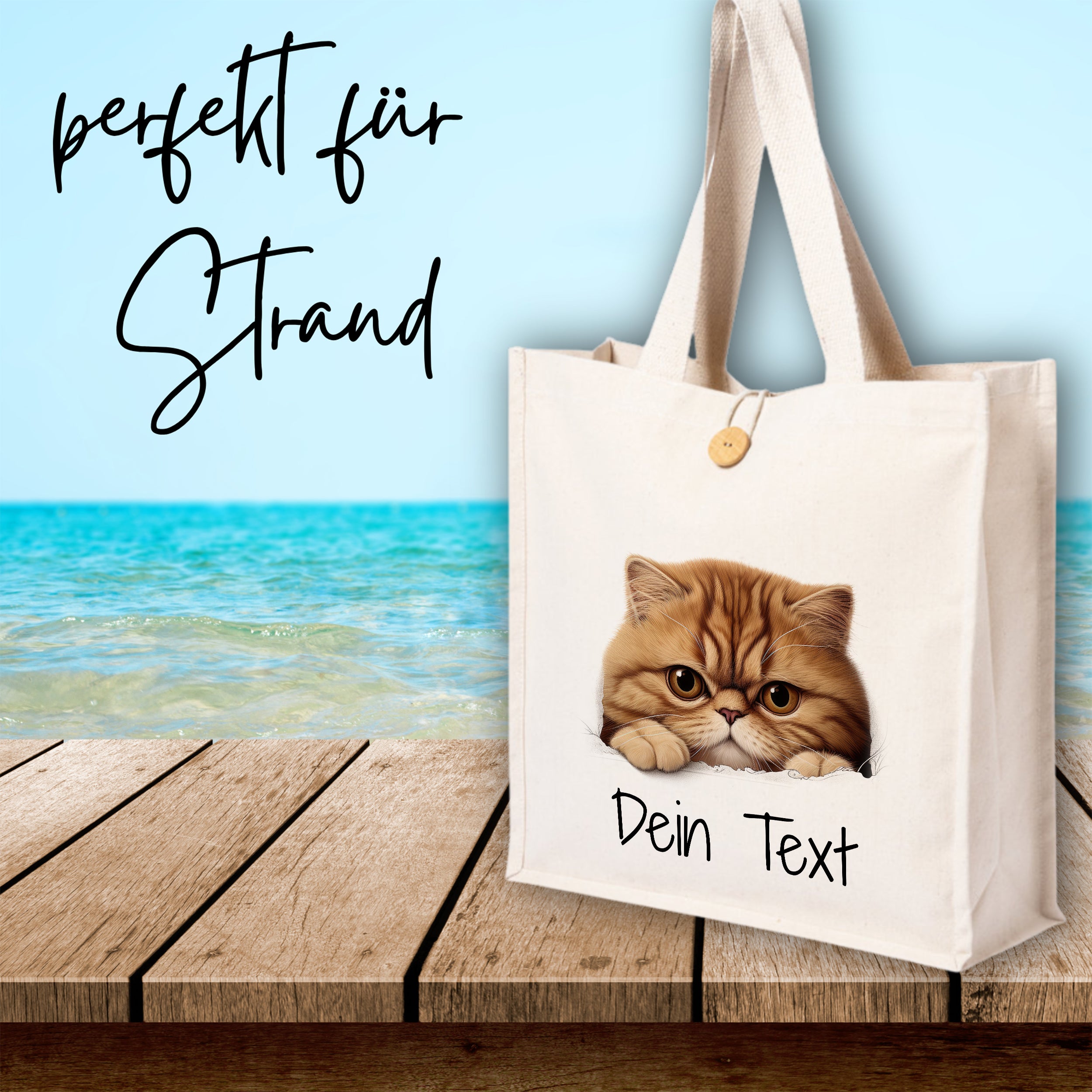 Beige Strandtasche mit Katzenmotiv und personalisierbarem Text.