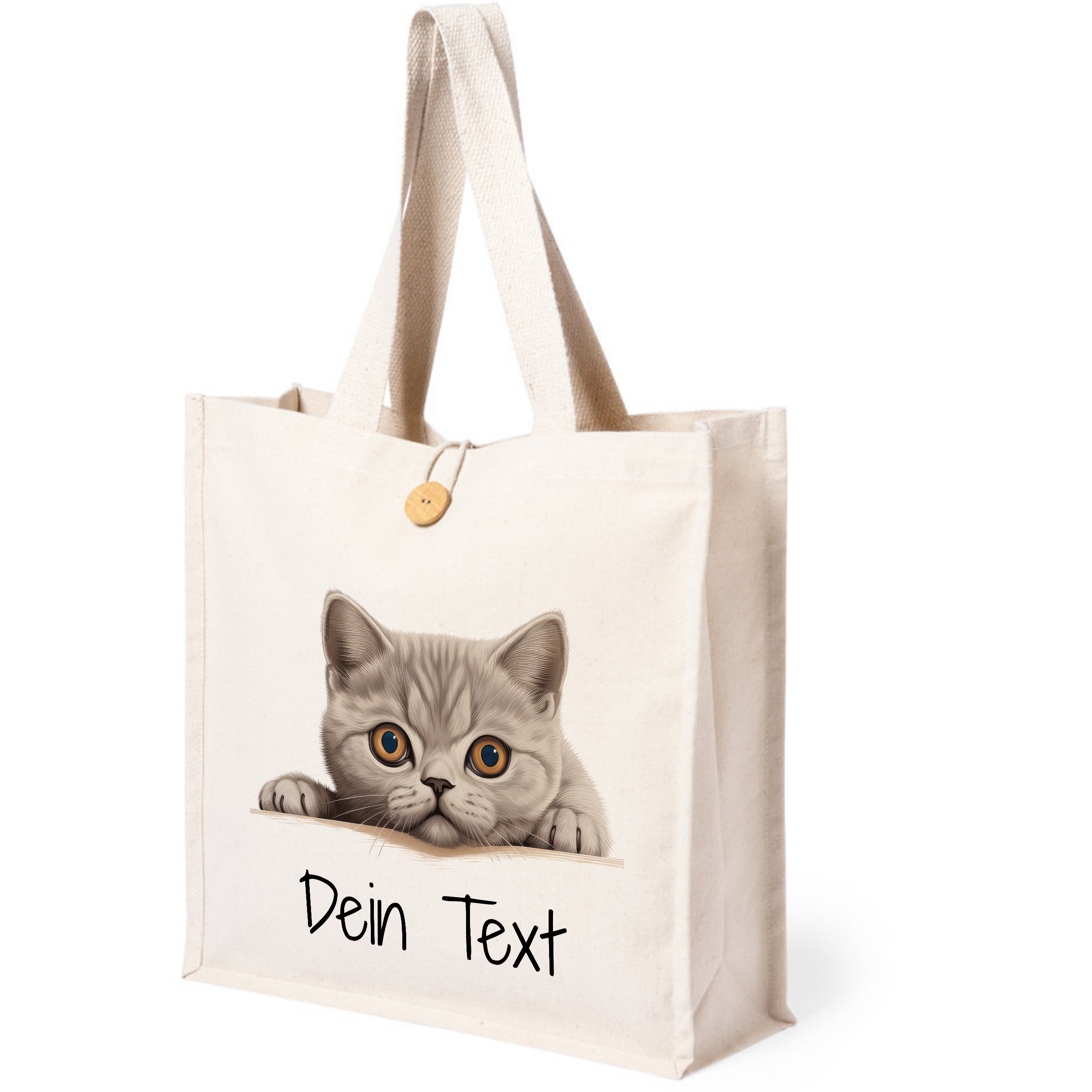 Beige Tragetasche mit Katzenmotiv und personalisierbarem Text.