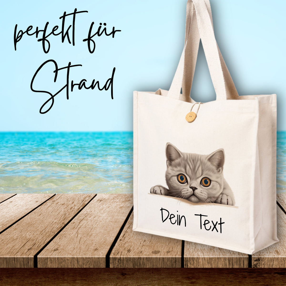 Beige Strandtasche mit Katzenmotiv und personalisierbarem Text.